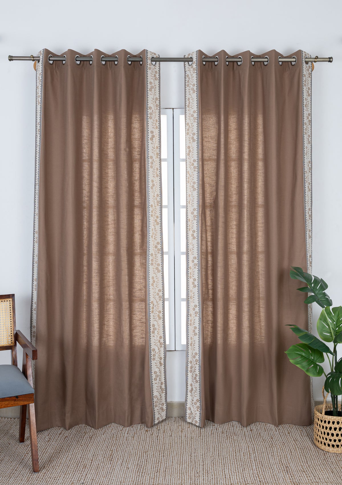 Mogra Chocolate Brown & Grey Floral 100% Cotton Embroidered Curtain For Livingroom / Bedroom | Room Darkening | Single Piece