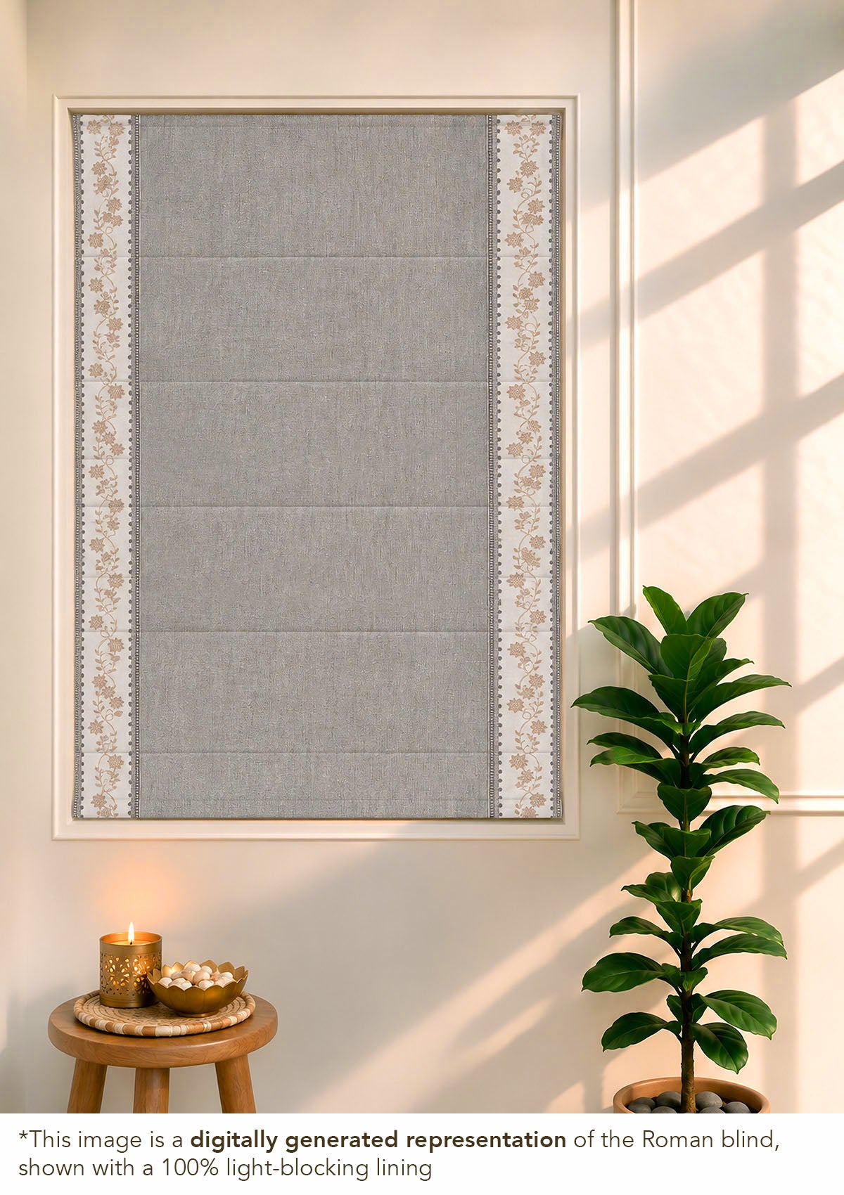 Mogra Elephant Grey & Brown Floral Linen Cotton Blend Embroidered Blind For Livingroom / Bedroom | Room Darkening