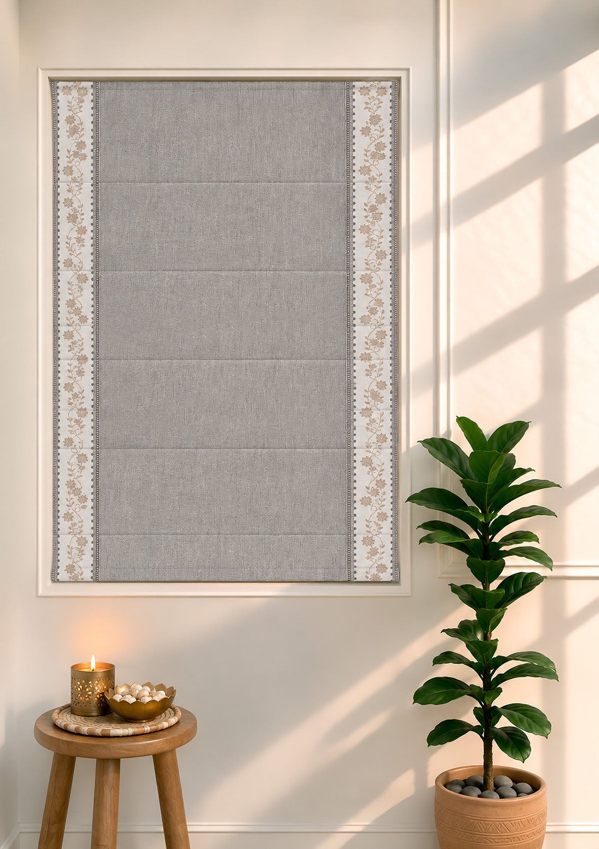 Mogra Elephant Grey & Brown Floral Linen Cotton Blend Embroidered Blind For Livingroom / Bedroom | Room Darkening