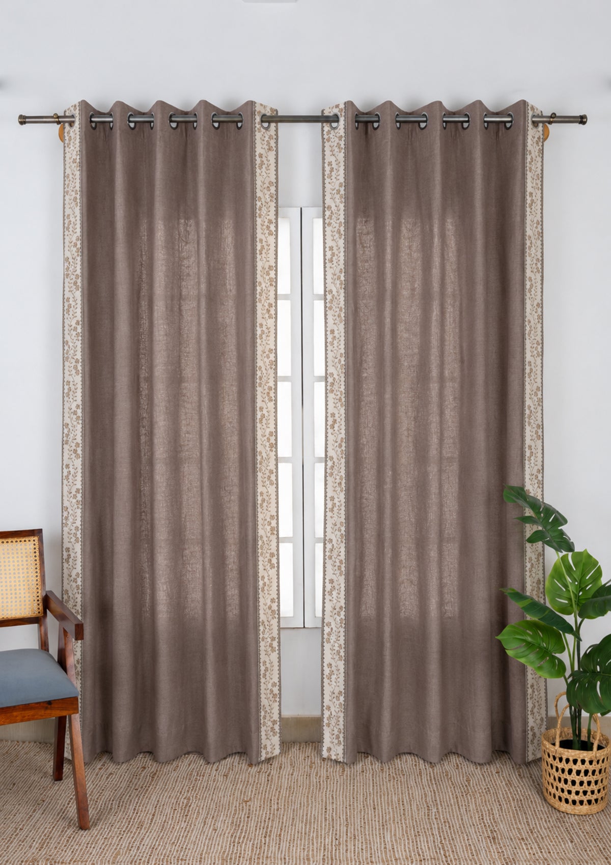Mogra Fig Brown & Grey Floral Linen Cotton Blend Embroidered Curtain For Livingroom / Bedroom | Room Darkening | Single Piece