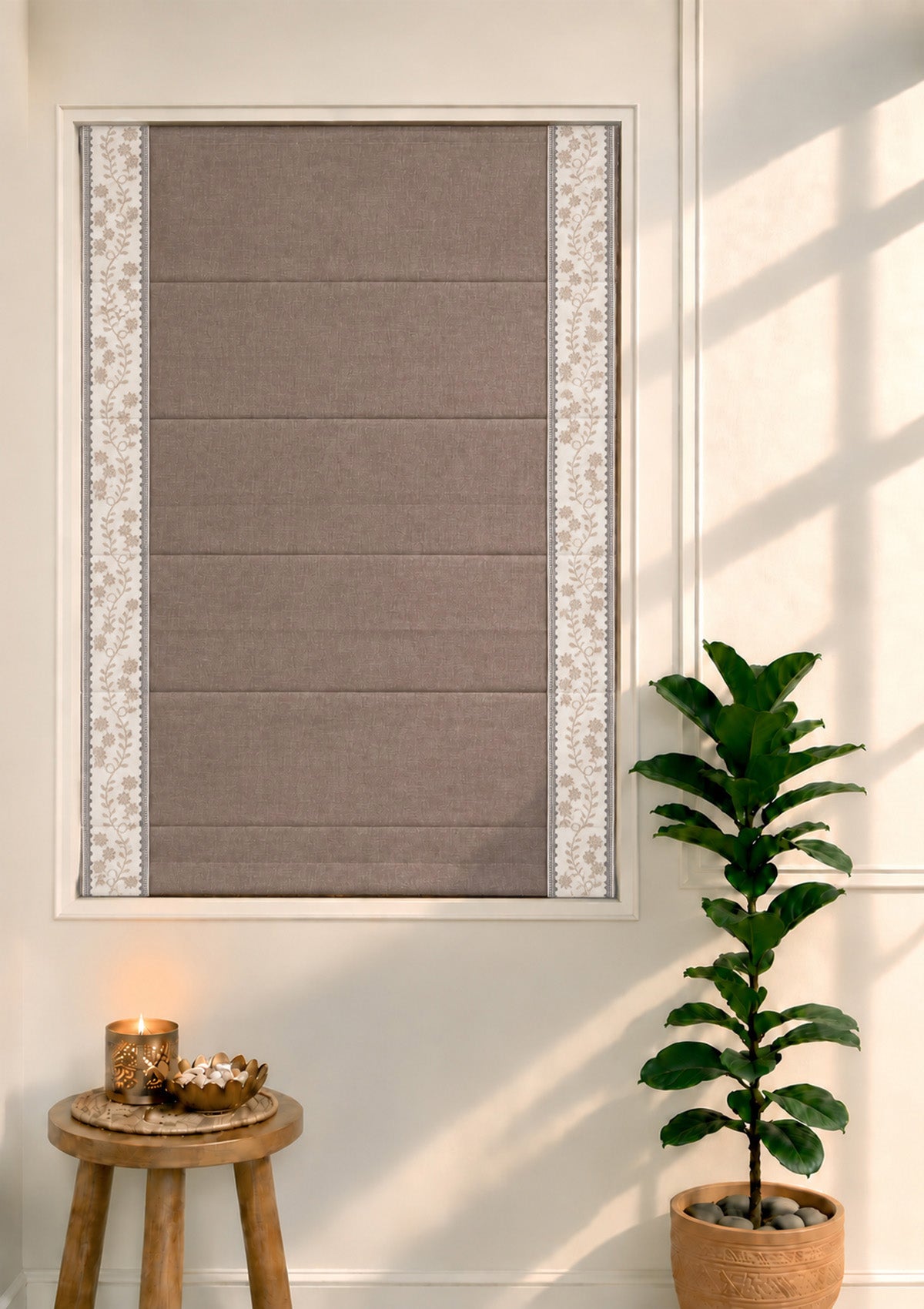 Mogra Fig Brown & Grey Floral Linen Cotton Blend Embroidered Blind For Livingroom / Bedroom | Room Darkening
