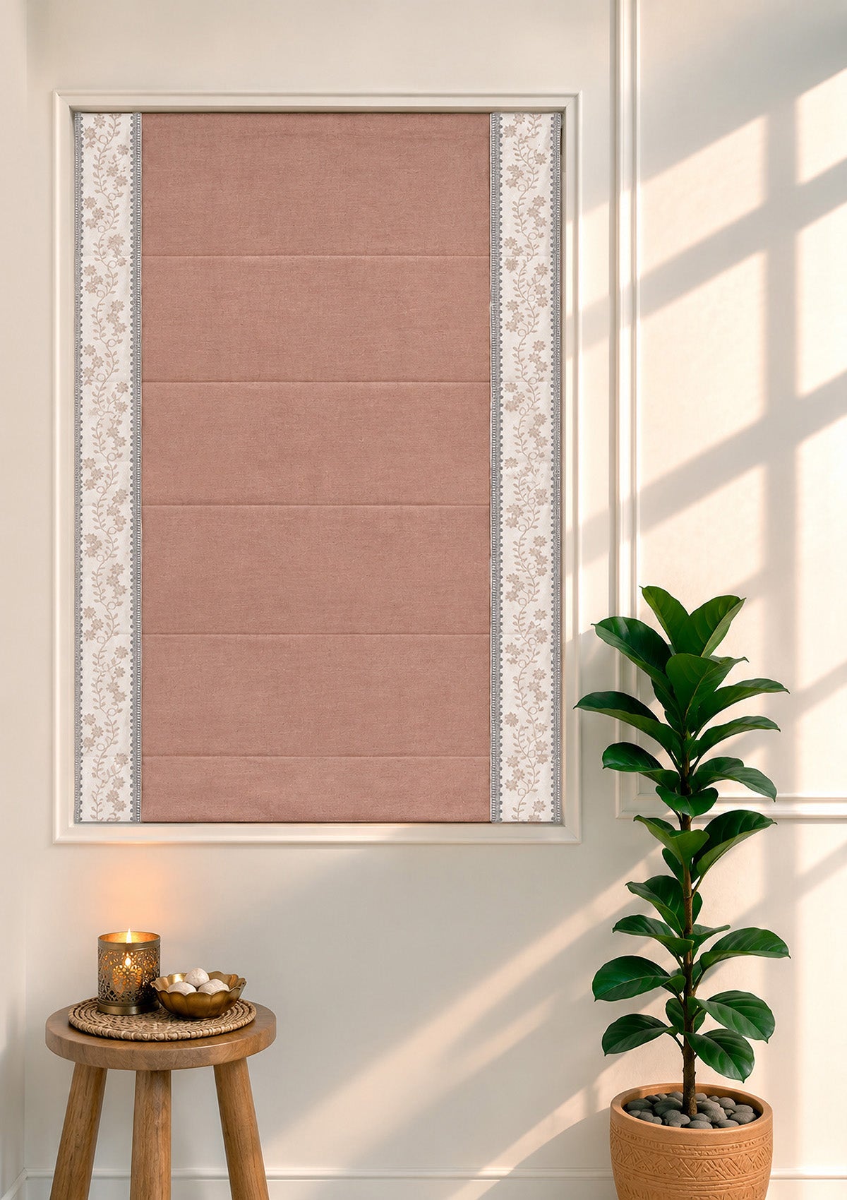 Mogra Mahogany Brown & Grey Floral 100% Cotton Embroidered Blind For Livingroom / Bedroom | Room Darkening