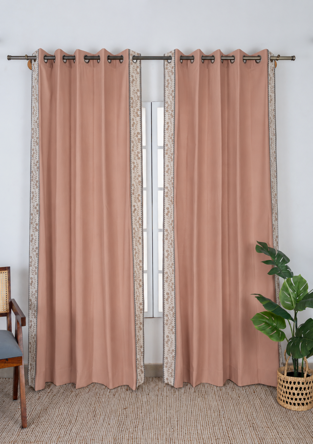Mogra Mahogany Brown & Grey Floral 100% Cotton Embroidered Curtain For Livingroom / Bedroom | Room Darkening | Single Piece