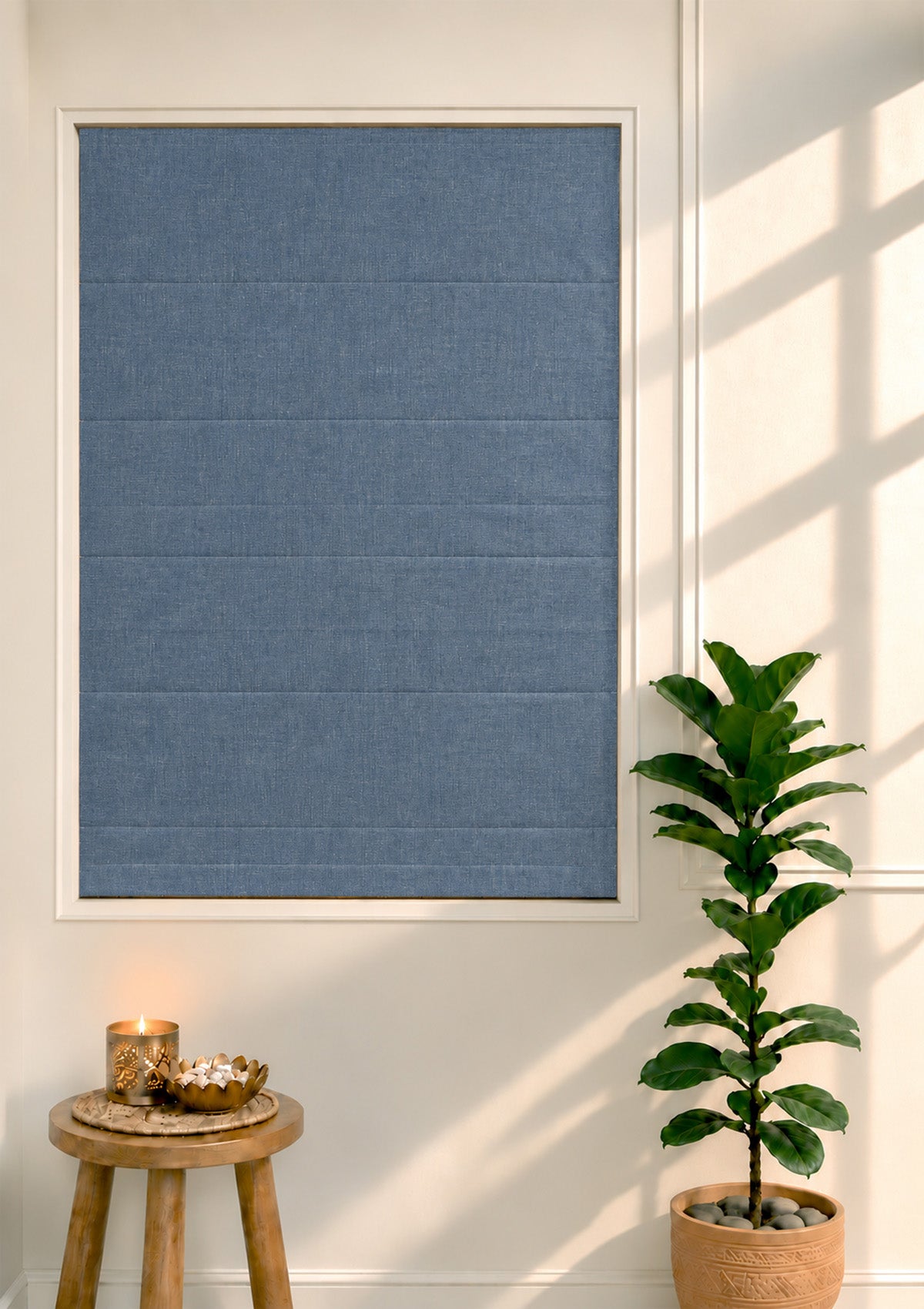 Nilgiri Blue Solid Linen Cotton Blend Textured Blind For Livingroom / Bedroom | Room Darkening
