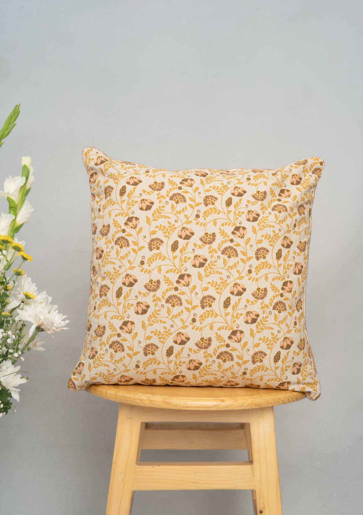 Calico Printed 100% cotton floral cushion cover for sofa with gold piping - Multicolor