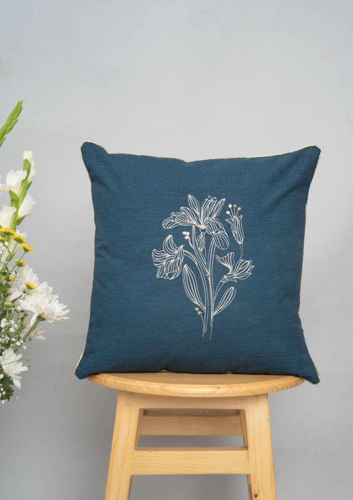 Iris Printed 100% cotton floral cushion cover for sofa with sequence- Night Blue
