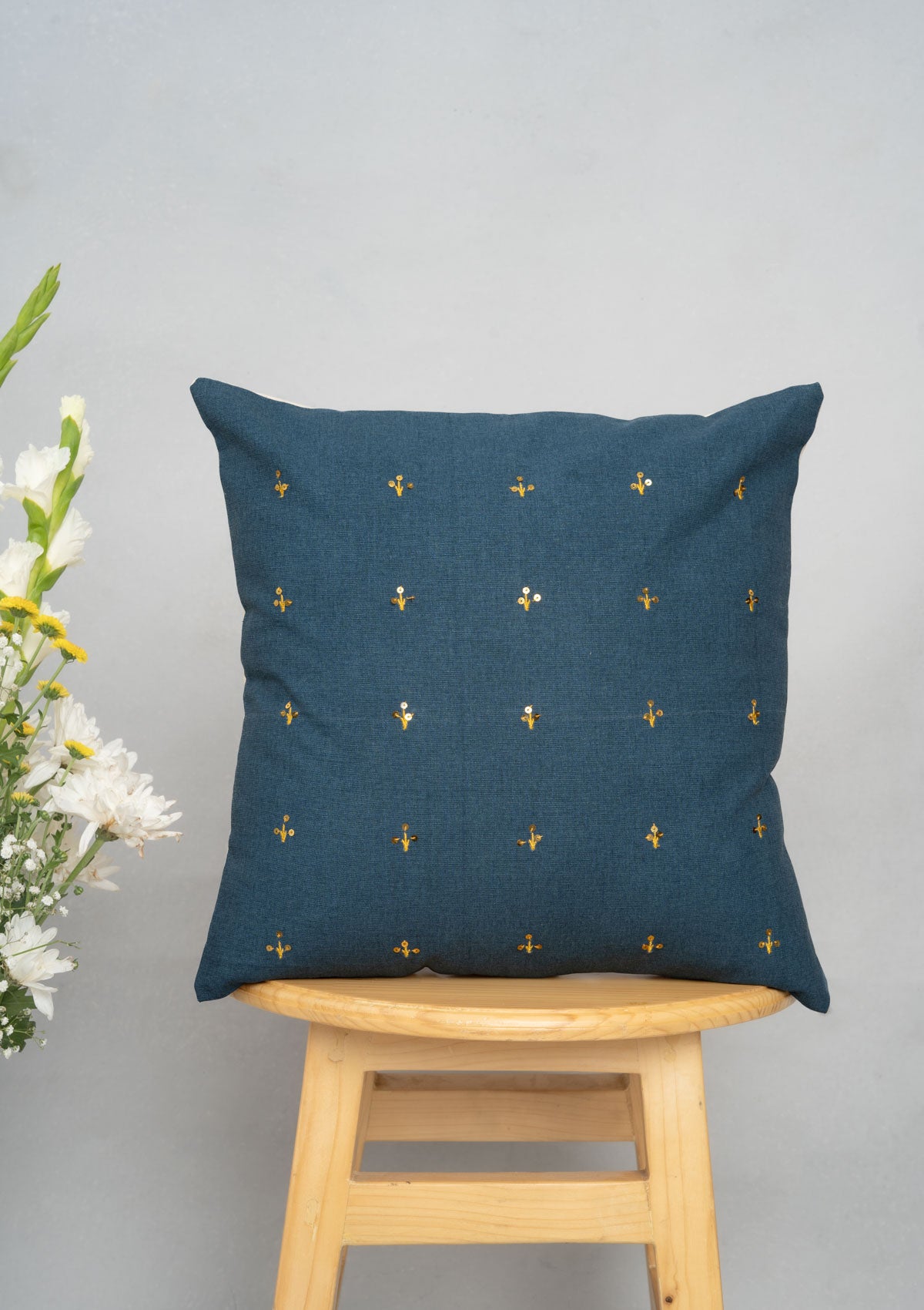Kohinoor Sequined ethnic cotton cushion cover for sofa - Indigo