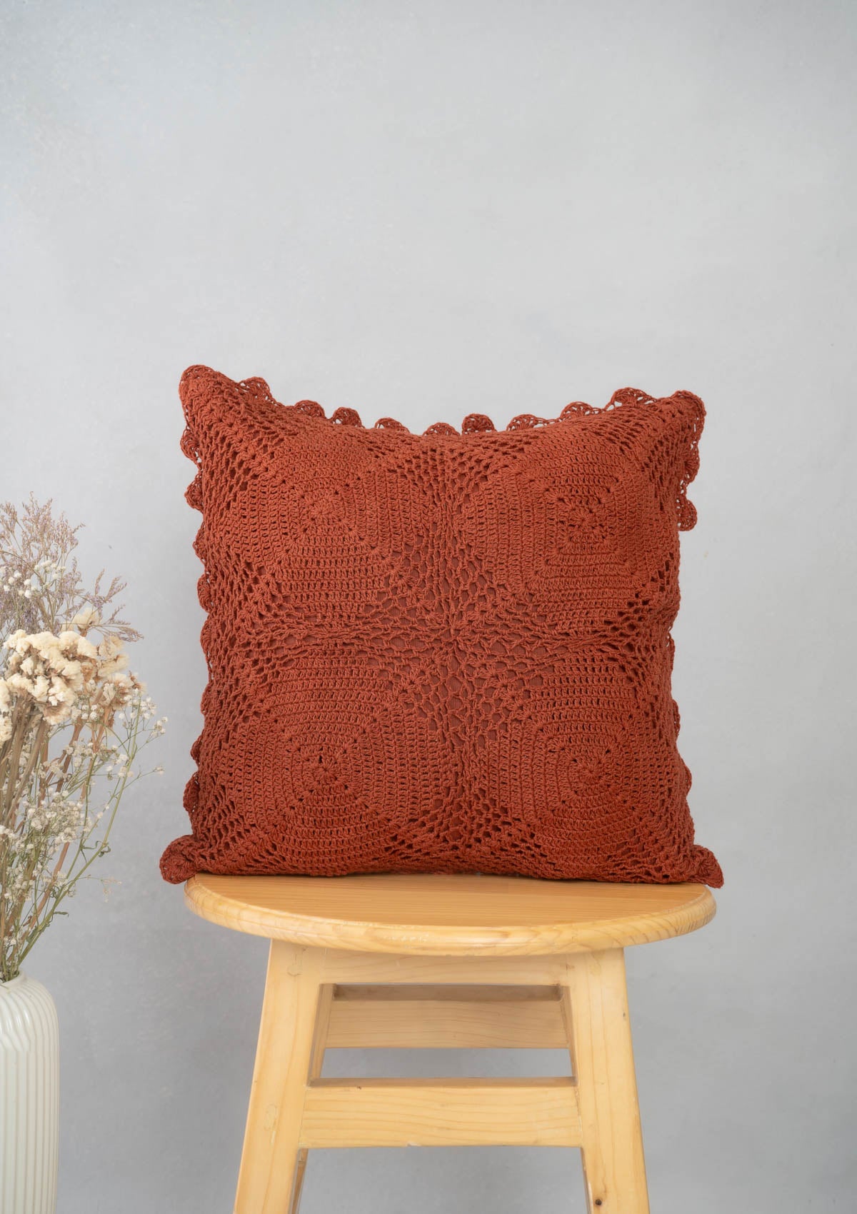 Terracotta Crochet 100% cotton cushion cover for sofa - Red