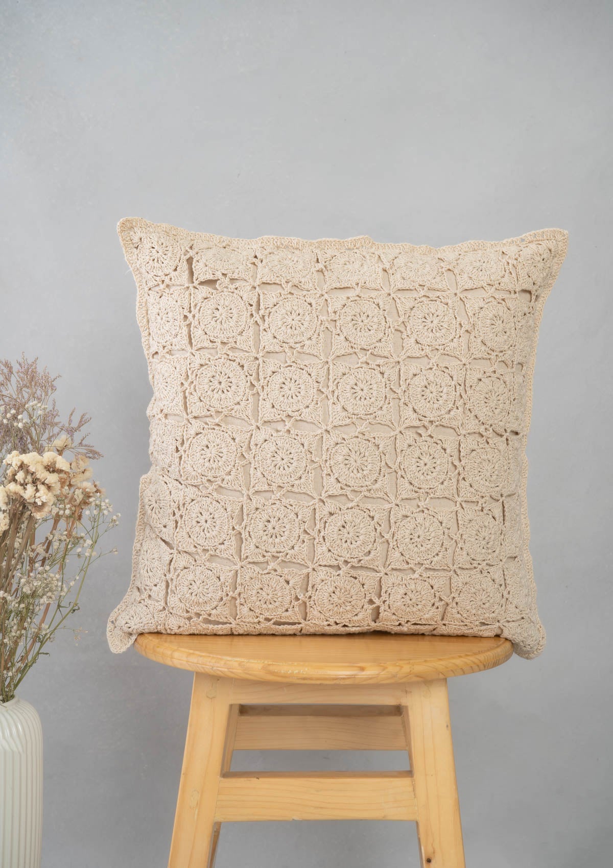 Oyster 100% cotton crochet antique piece cushion cover for sofa - Ivory