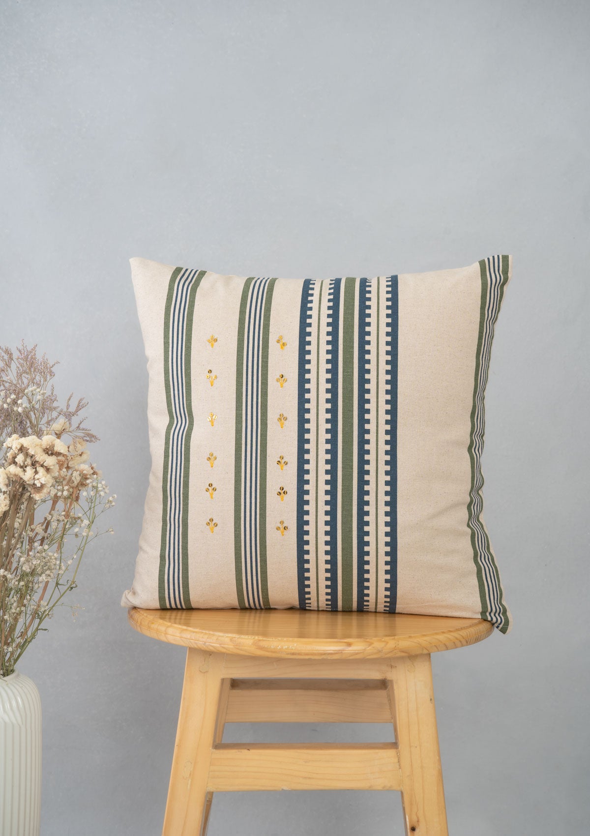 Roman Stripes Sequined Cotton Cushion Cover - Pepper Green and Night Blue