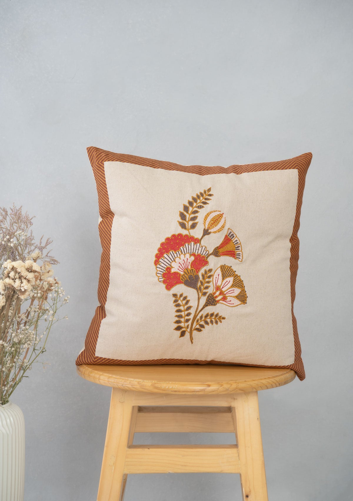 Chintz 100% cotton embroidered decorative cushion cover for sofa - Brick Red