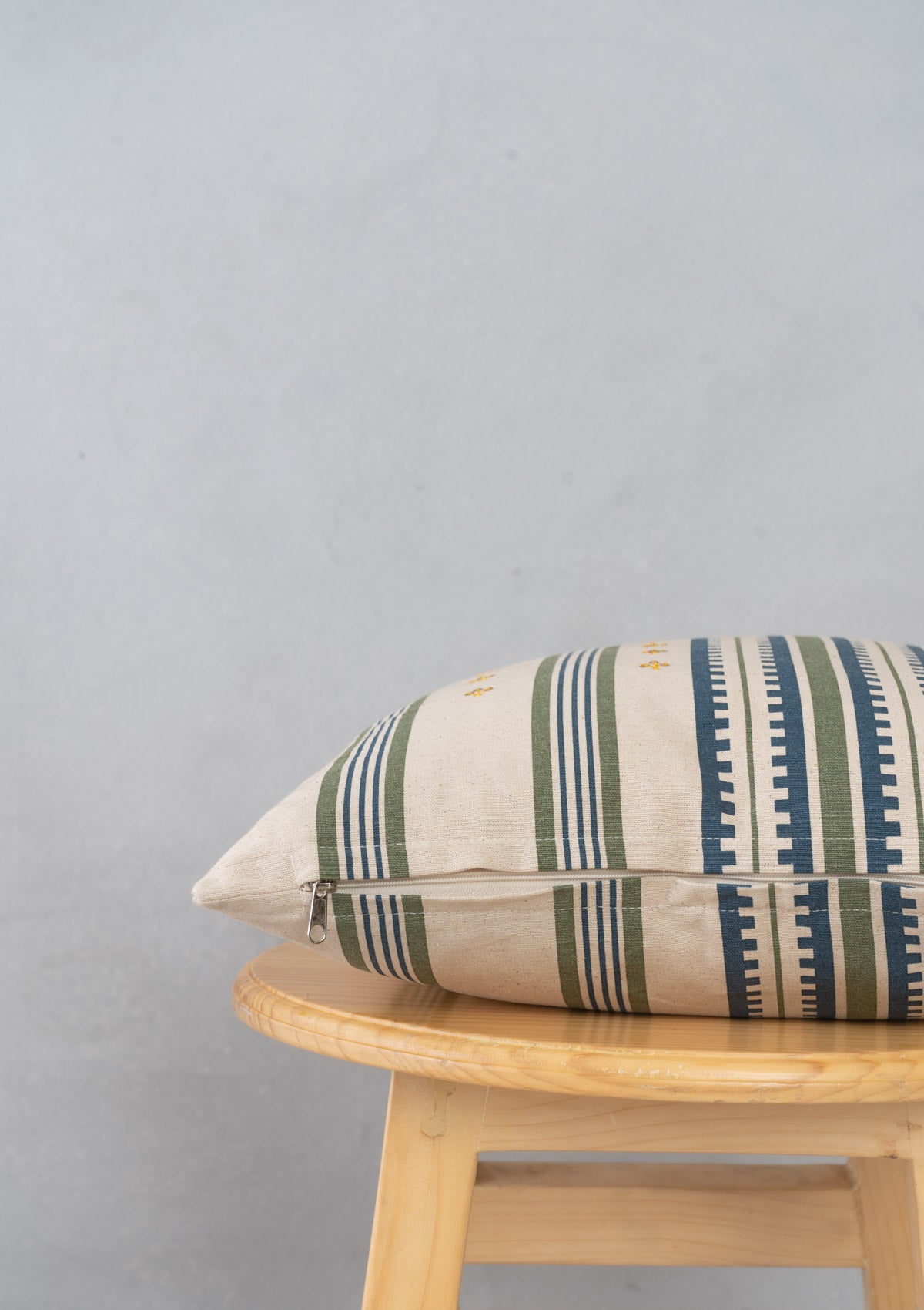 Roman Stripes Sequined Cotton Cushion Cover - Pepper Green and Night Blue