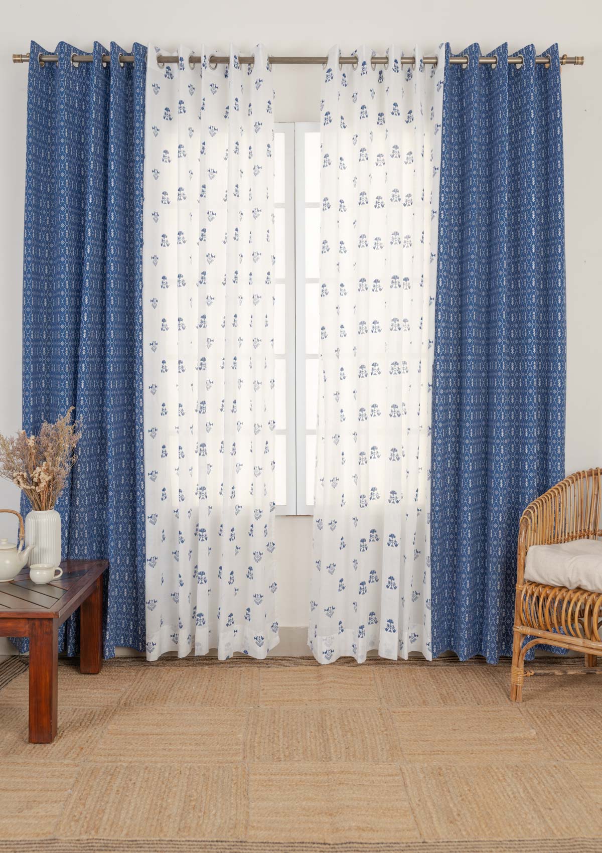 Meadow geometric cotton curtain with Sunbird geometric sheer 100% cotton curtains for living room - Set of 4