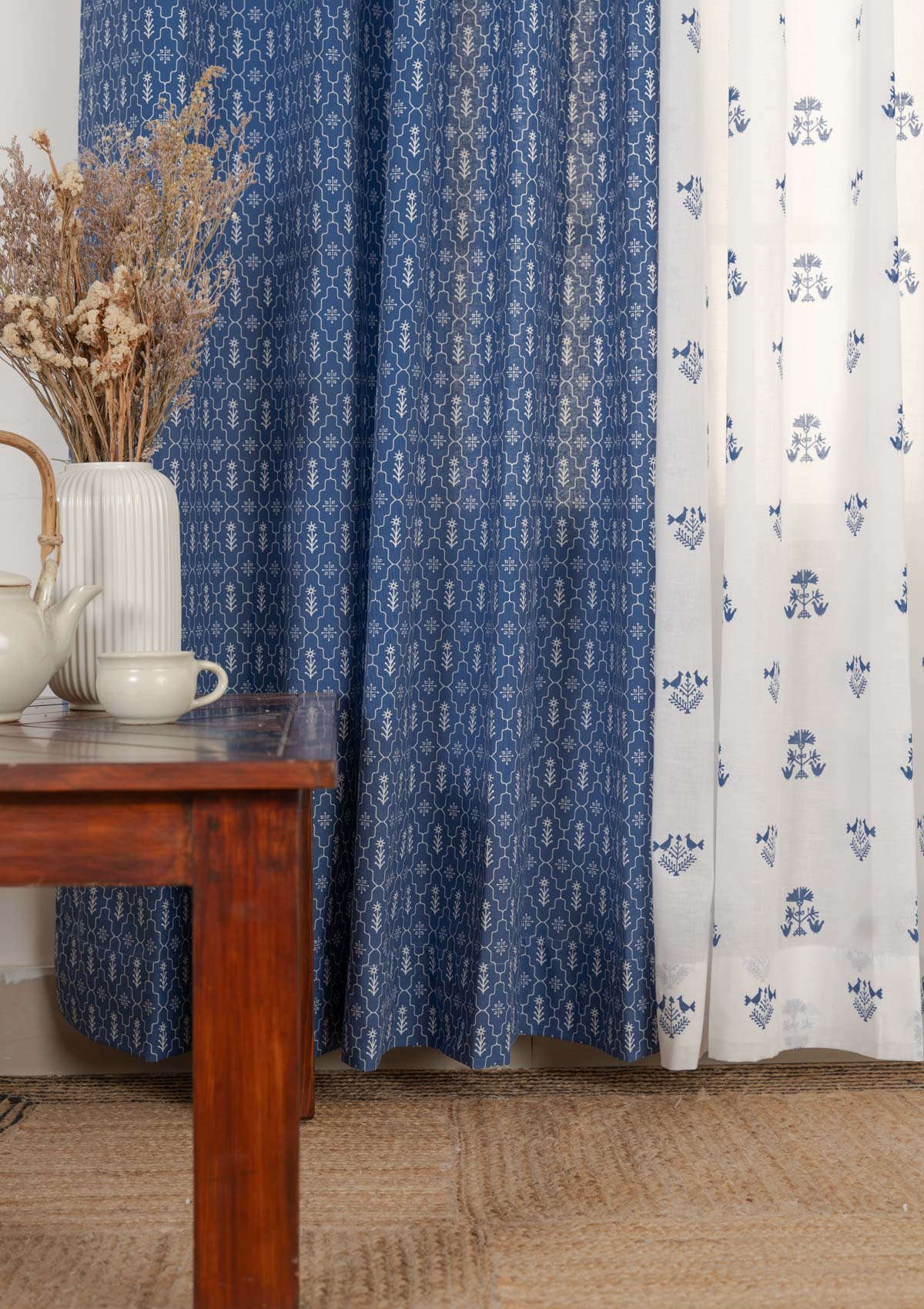 Meadow geometric cotton curtain with Sunbird geometric sheer 100% cotton curtains for living room - Set of 4