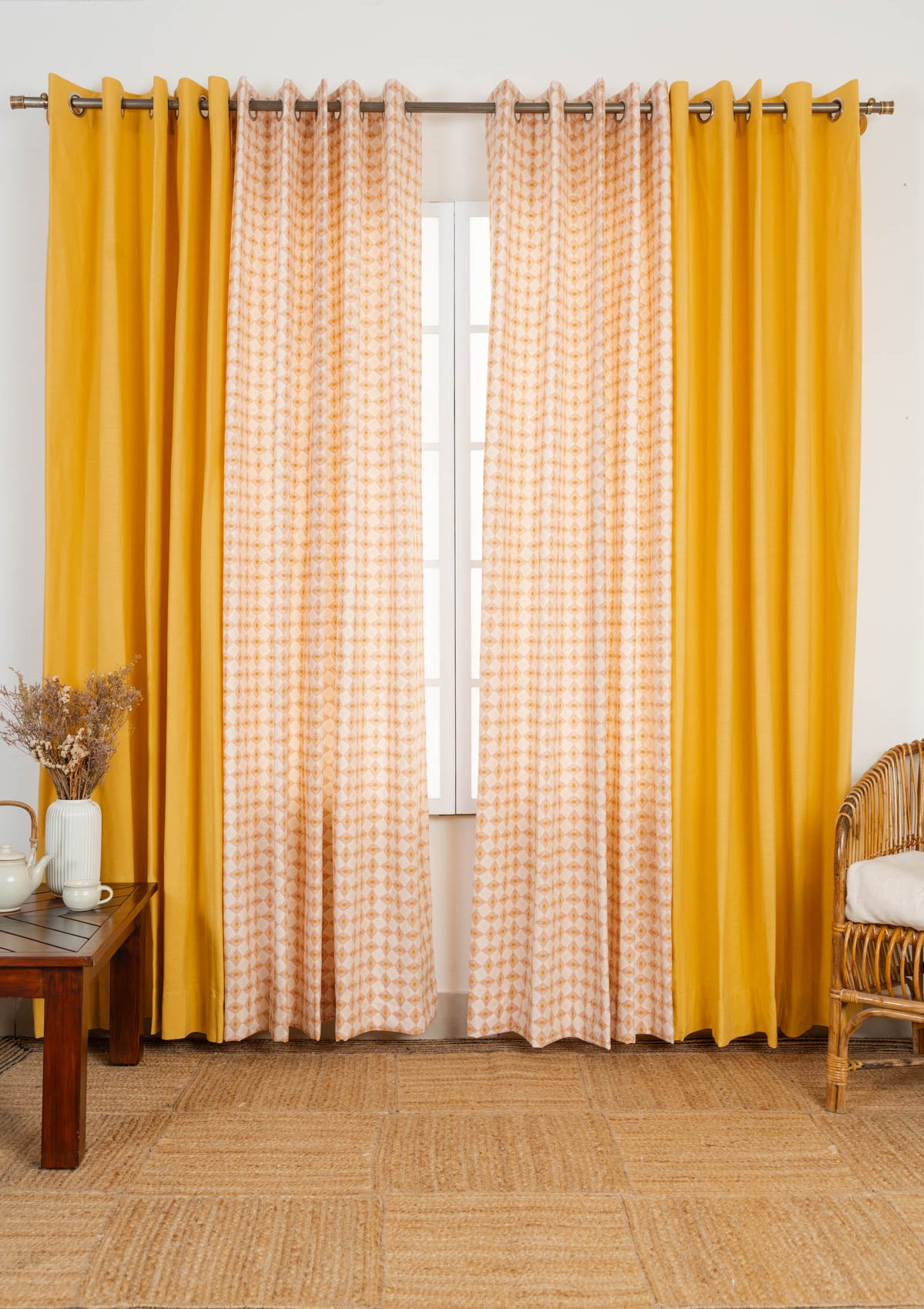 Solid Mustard cotton curtain with Terrazo patch geometric 100% cotton curtains for living room - Set of 4