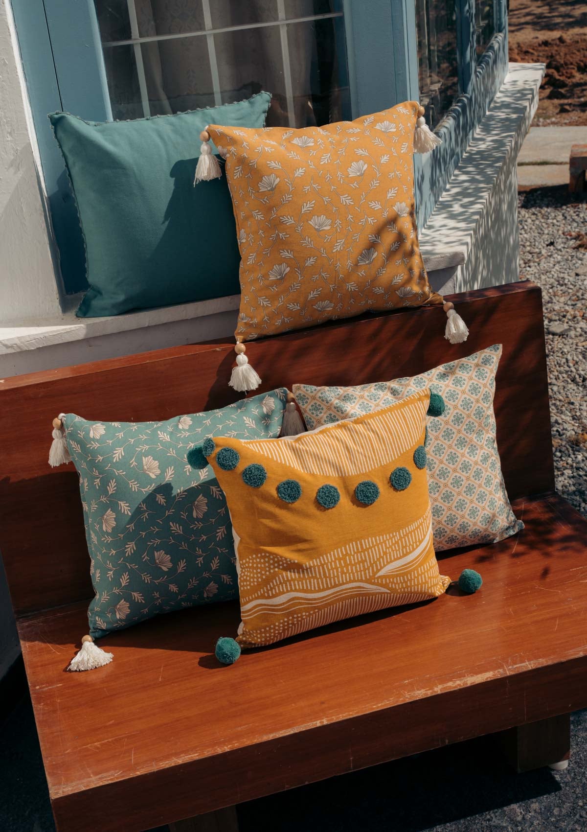Dawn 100% cotton embroidered boho cushion cover combo set for sofa- Mustard and aqua blue