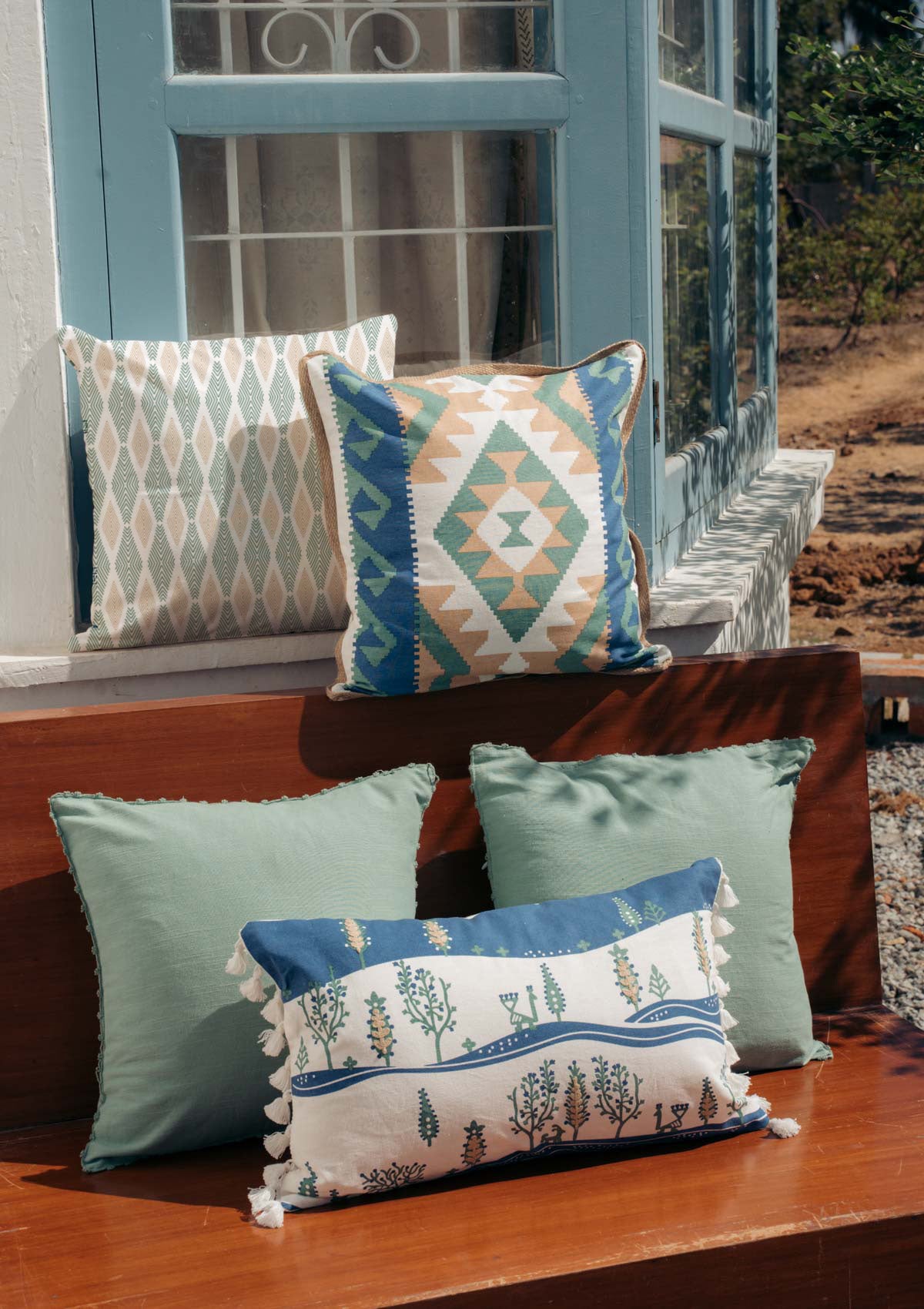 Timberland 100% cotton embroidered boho cushion cover combo set for sofa- Indigo and green