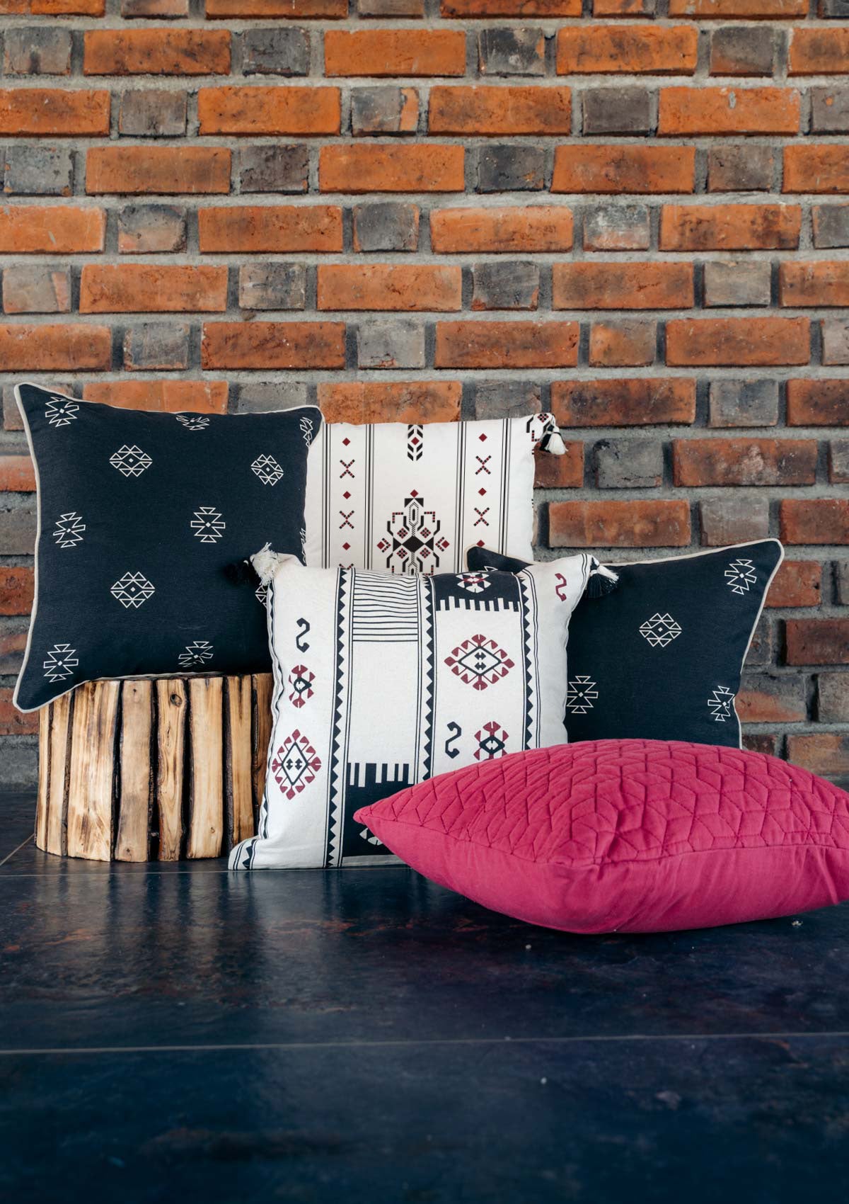 Folk 100% cotton boho geometric cushion cover combo set for sofa- Black and off- white