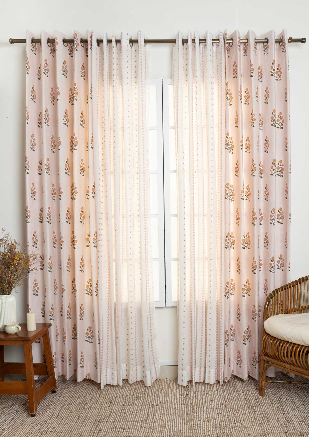 Parijatha Floral printed with Mallige geometric minimal sheer cotton curtains for living room and Bed Room - Room Darkening - Pack of 4