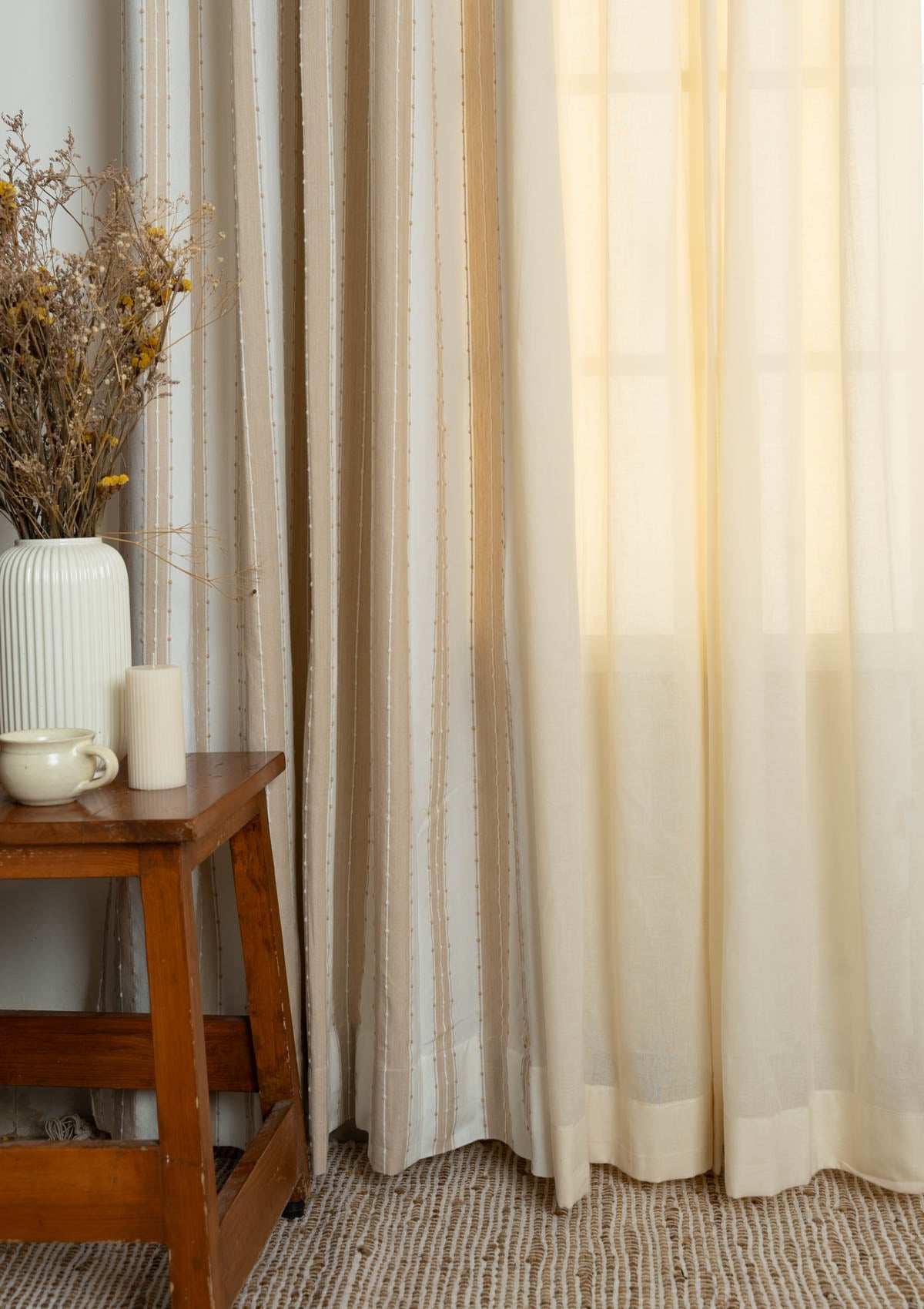 Caramel Geometric Room Darkening & Cream Sheer Solid Light Filtering | 100% Cotton for Living Room & Bedroom | Beige & Cream | Combo Curtains | Pack of 4