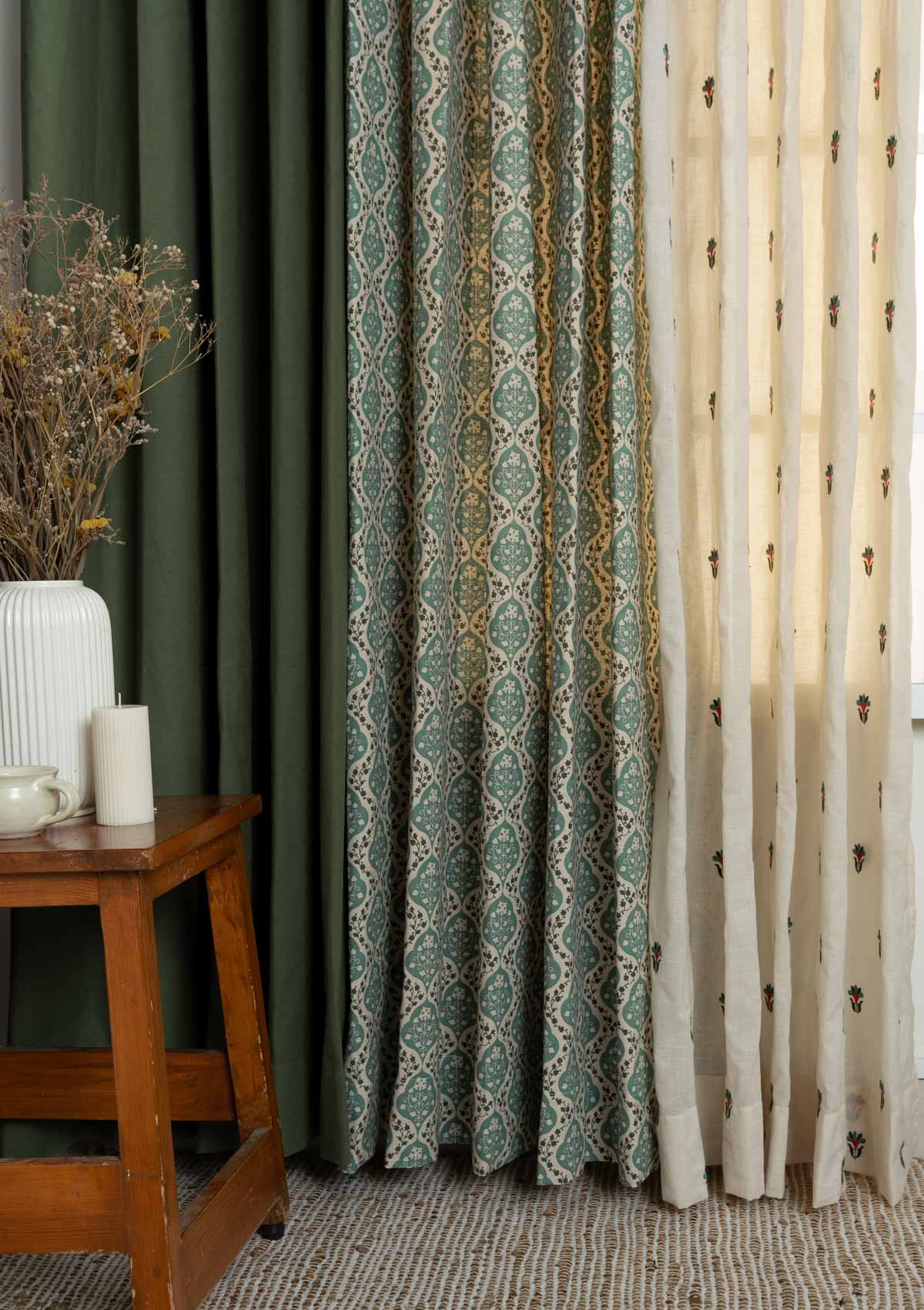 Solid Pepper Green, Mulbagal Geometric - Floral printed with Emerald embriodered sheer 100% cotton curtains for living room and Bed Room - Room Darkening - Pack of 6