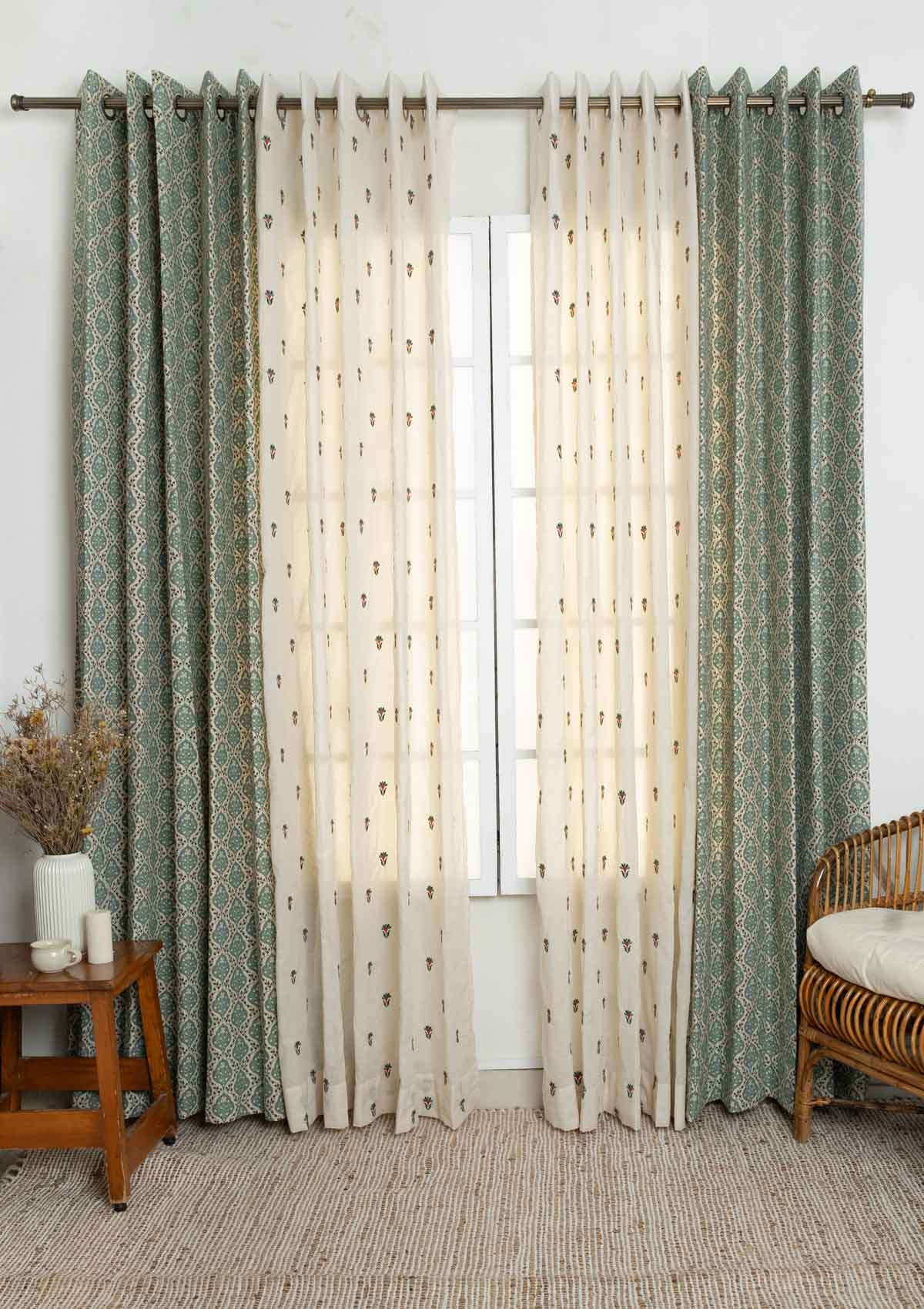 Mulbagal Geometric - Floral printed with Emerald embriodered sheer 100% cotton curtains for living room and Bed Room - Room Darkening - Pack of 4