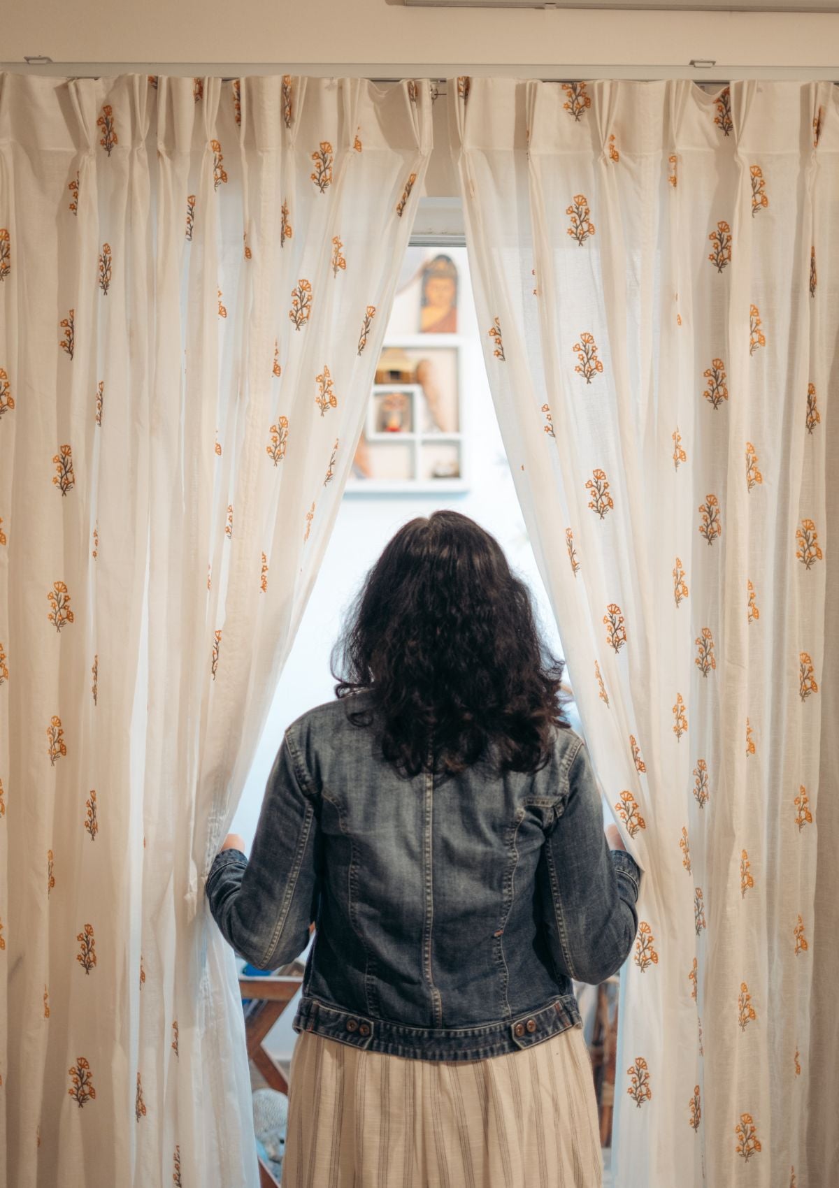 Spring 100% cotton embroidered floral sheer curtain for living room - Light filtering - Orange - Single - Single Piece