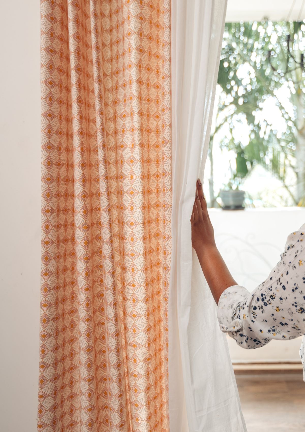 Terrazo 100% cotton geometric curtain for living room - Light Reduction - Mustard - Single - Single Piece