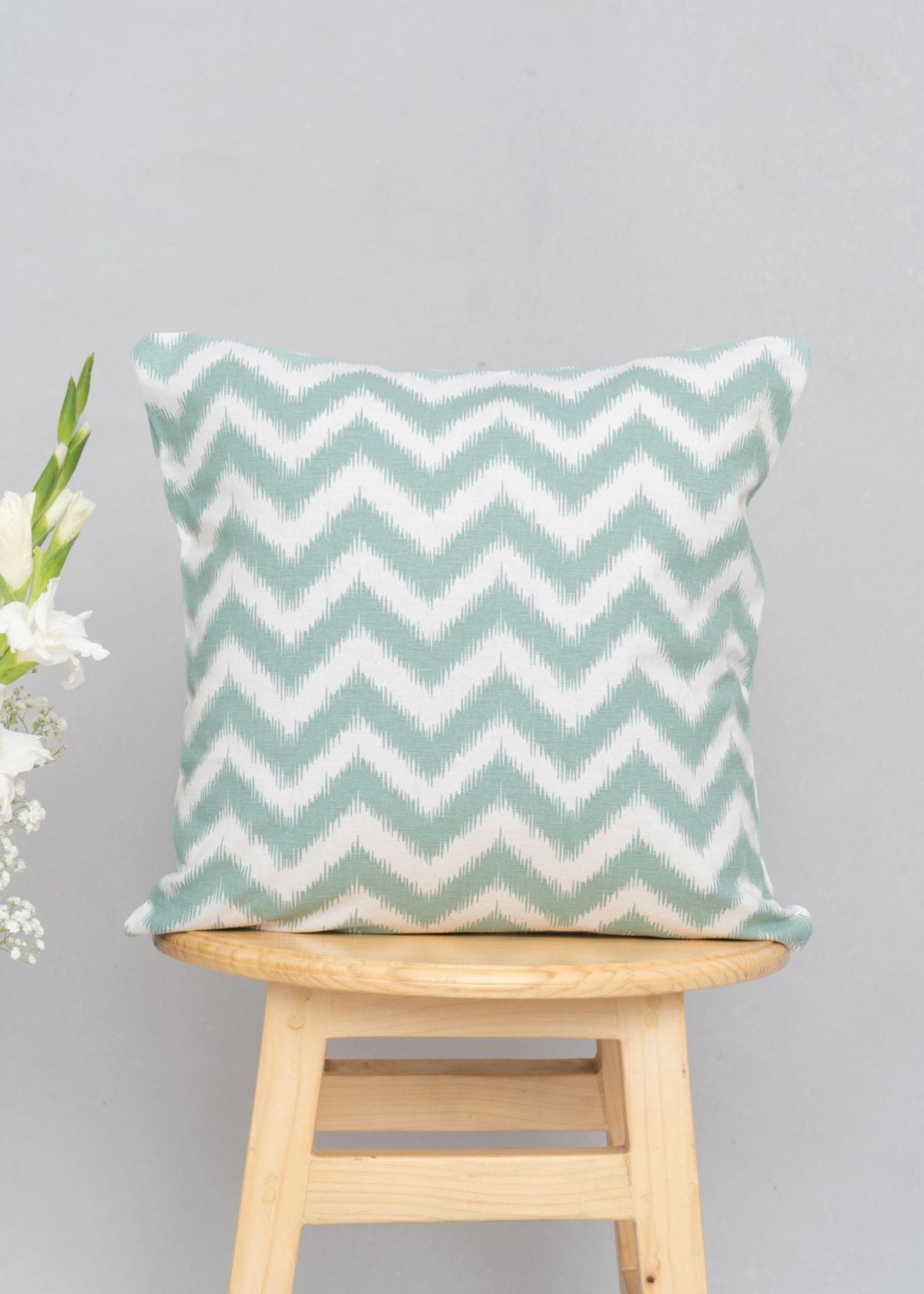 Ikat Chevron Printed Cotton Cushion Cover - Nile Blue