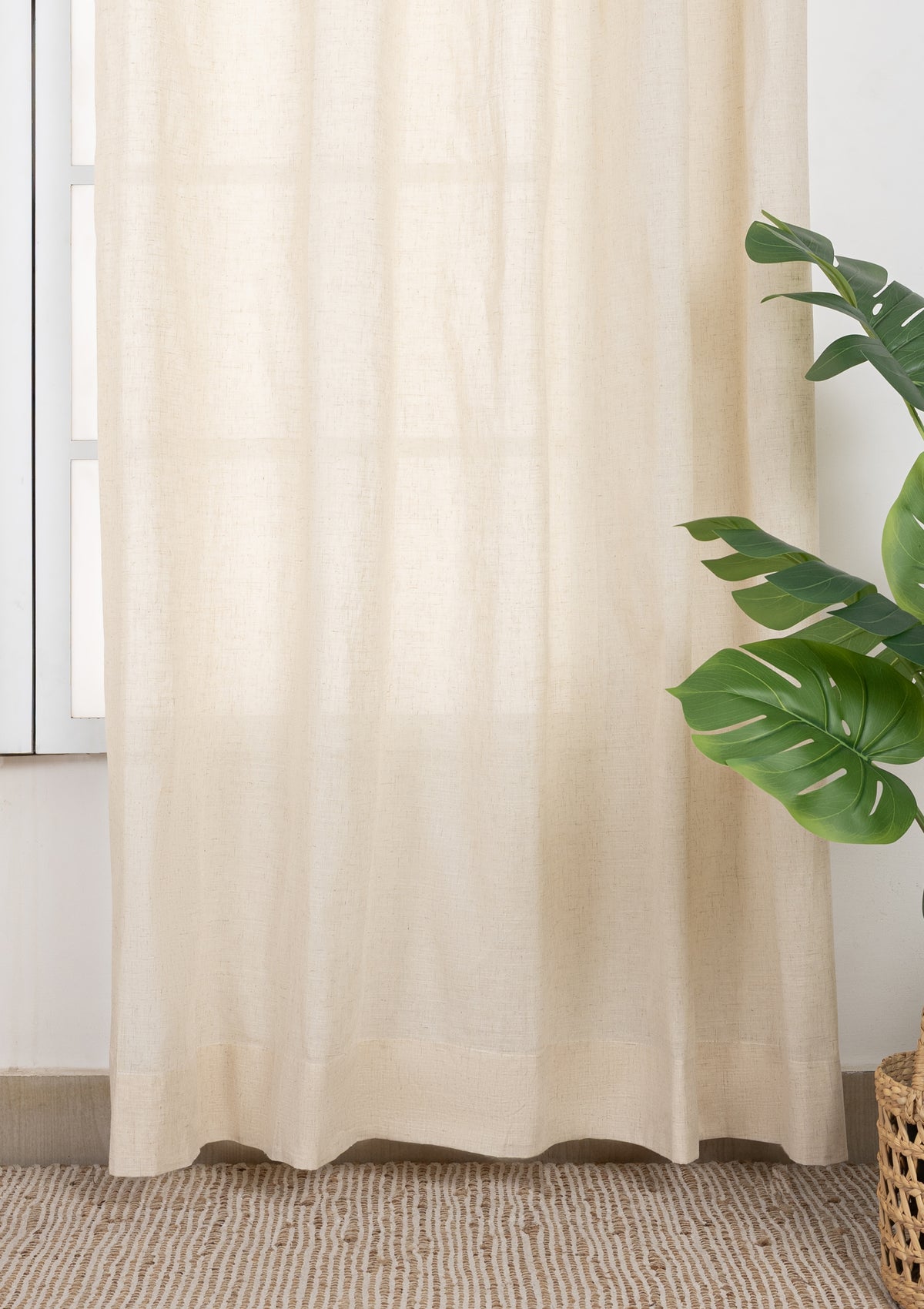 Almond Plain Beige Neutral Linen Cotton Blend Sheer Textured Curtain For Livingroom / Bedroom | Light Filtering | Single Piece