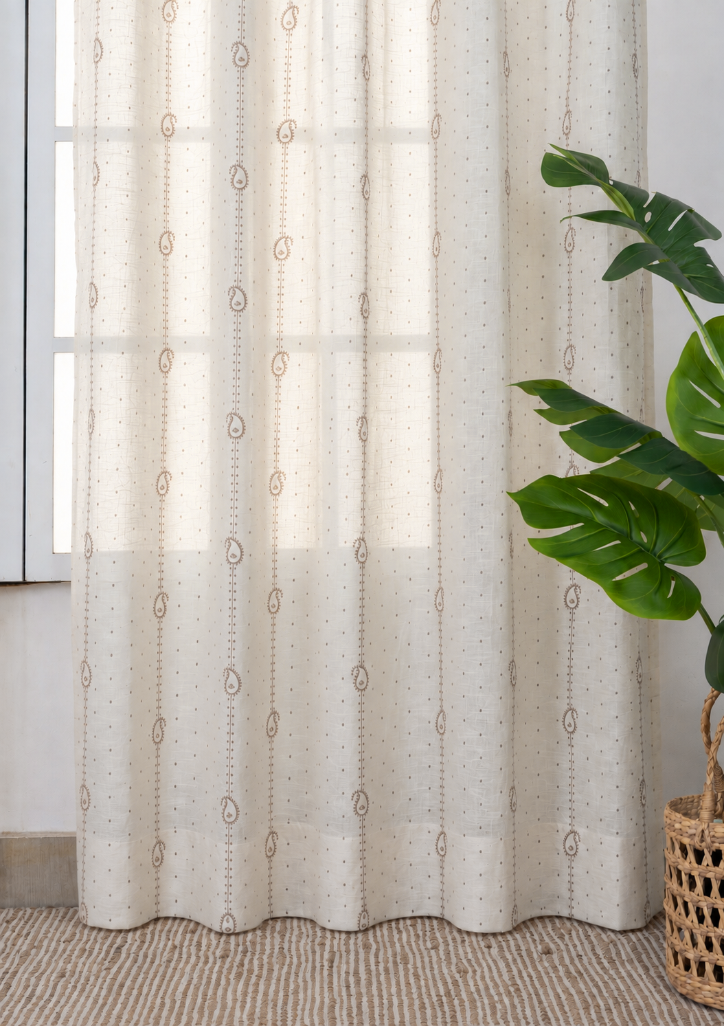 Ambi Brown & Grey Ethnic 100% Cotton Sheer Printed Curtain For Livingroom / Bedroom | Light Filtering | Single Piece