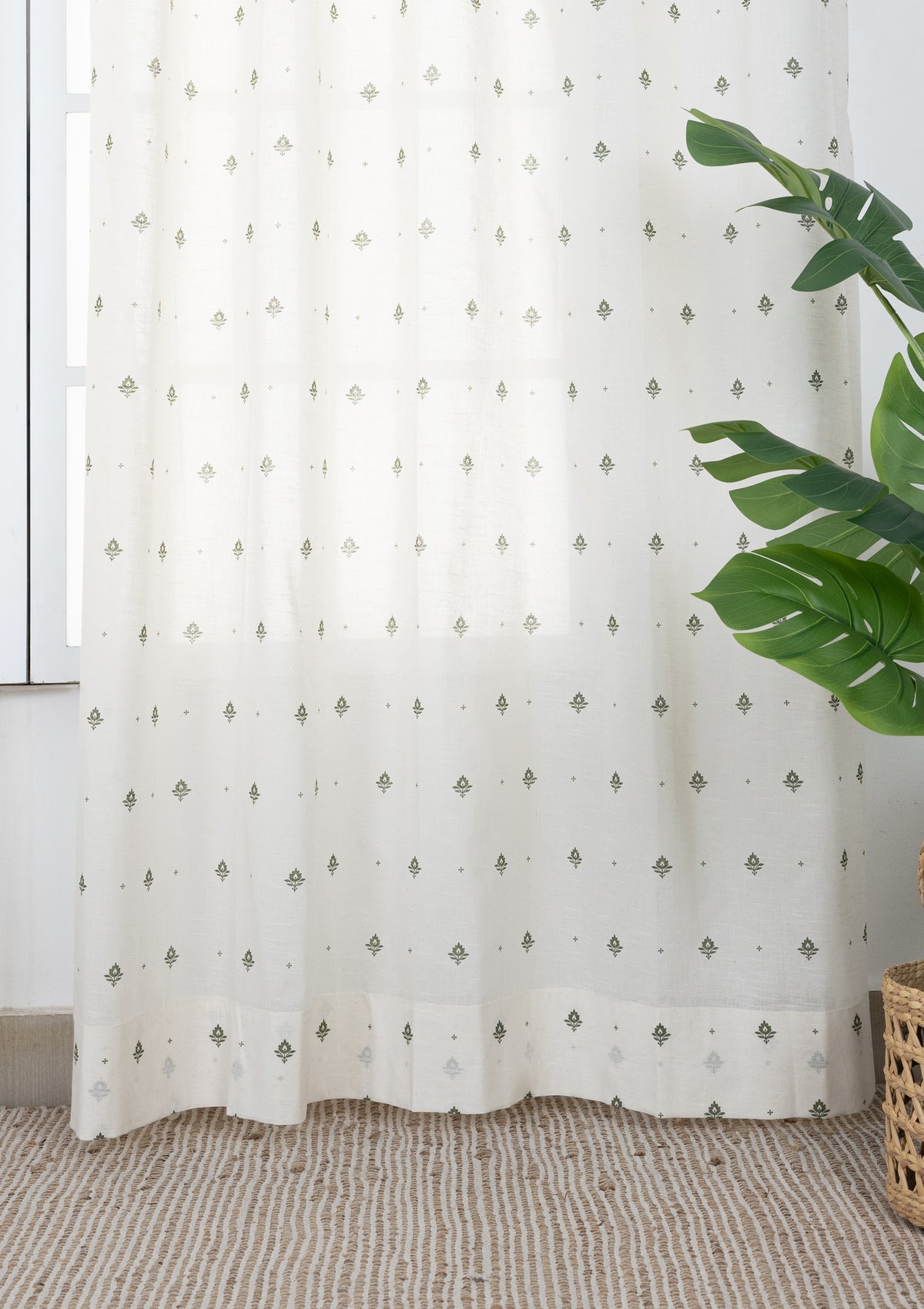 Cava Pepper Green Minimal 100% Cotton Sheer Printed Curtain For Livingroom / Bedroom | Light Filtering | Single Piece