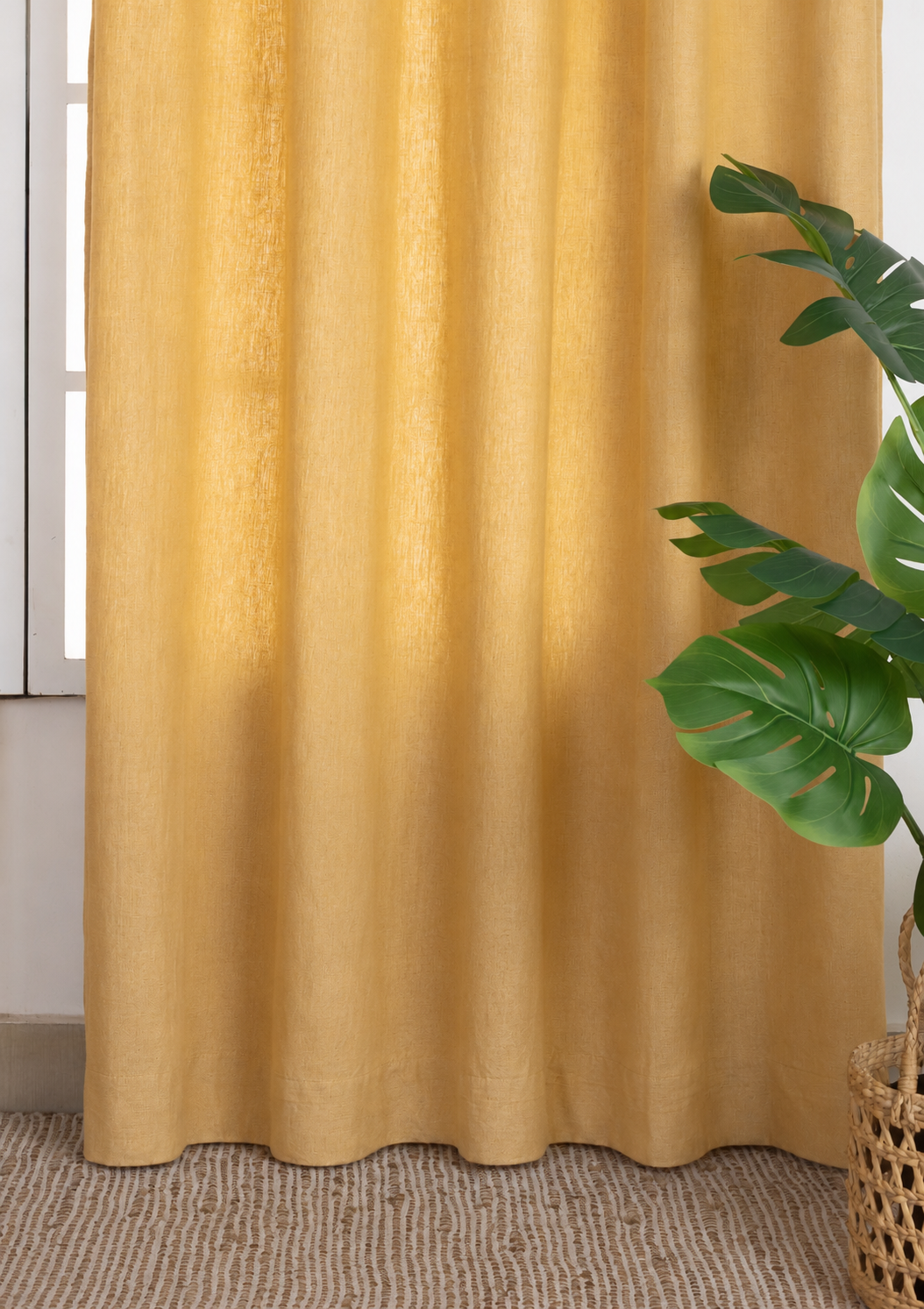 Honey Yellow Mustard Solid Linen Cotton Blend Textured Curtain For Livingroom / Bedroom | Room Darkening | Single Piece
