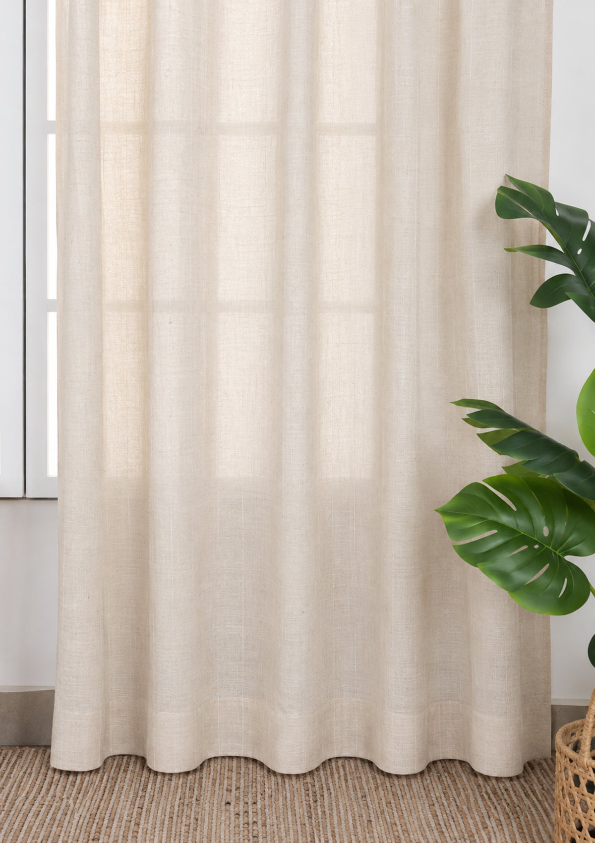 Husk Stripped Beige Neutral Linen Cotton Blend Sheer Textured Curtain For Livingroom / Bedroom | Light Filtering | Single Piece