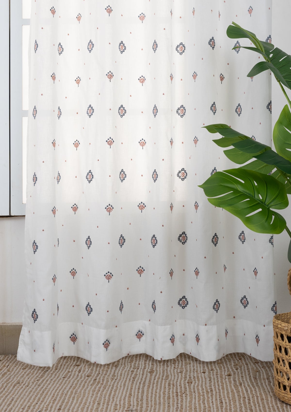 Ira Pink & Blue Ethnic 100% Cotton Sheer Embroidered Curtain For Livingroom / Bedroom | Light Filtering | Single Piece