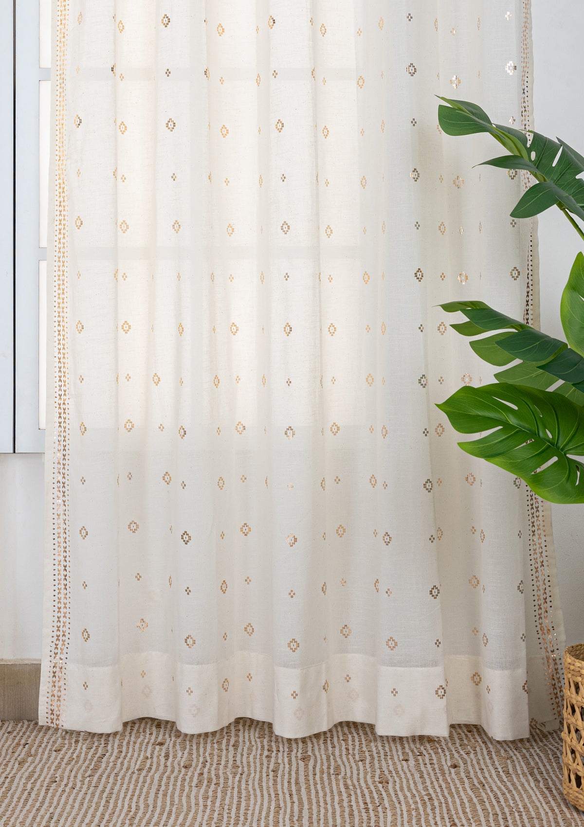 Kani Copper Beige Geometric 100% Cotton Sheer Printed Curtain For Livingroom / Bedroom | Light Filtering | Single Piece