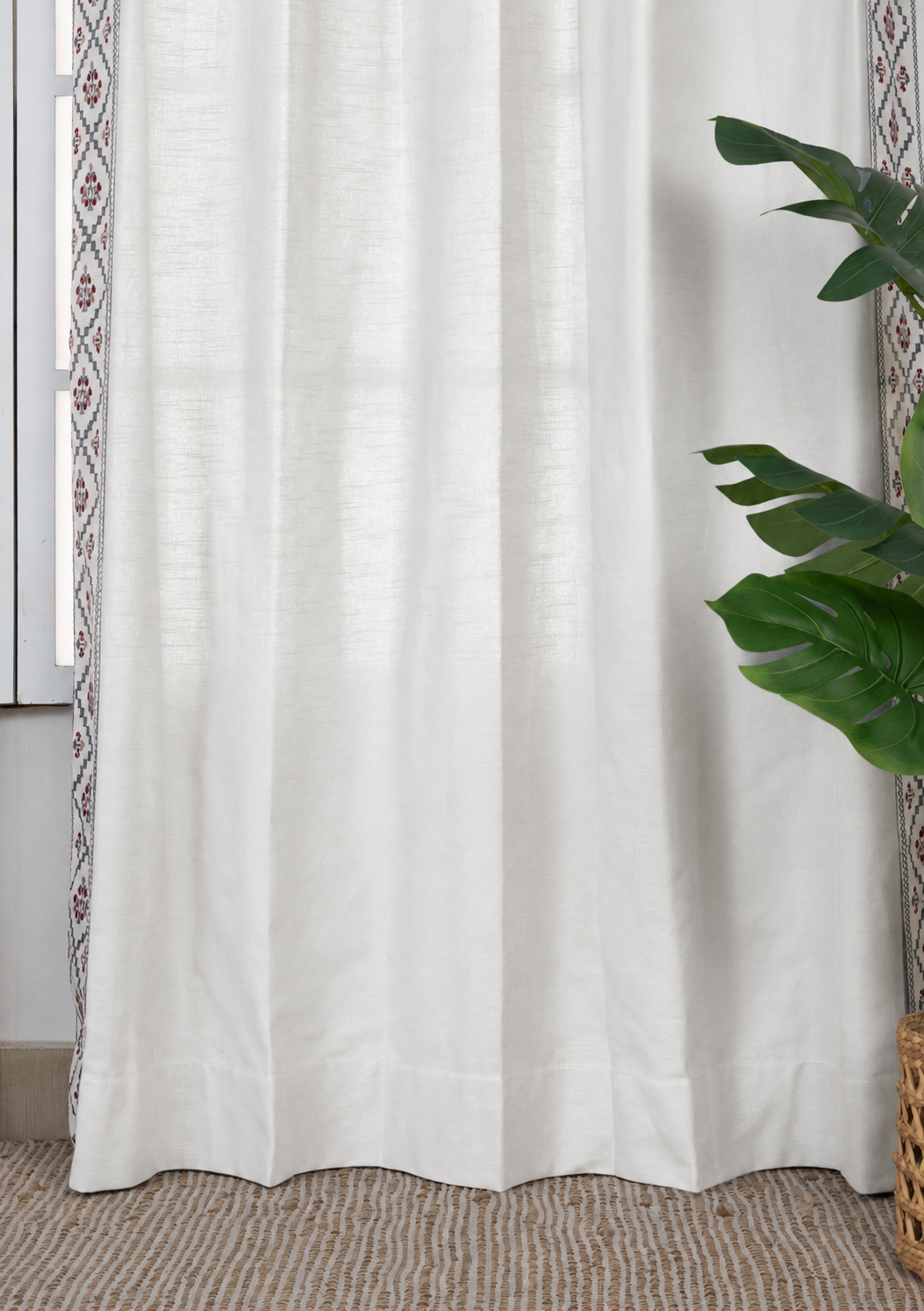 Ketaki White & Blue Geometric 100% Cotton Embroidered Curtain For Livingroom / Bedroom | Light Reduction | Single Piece