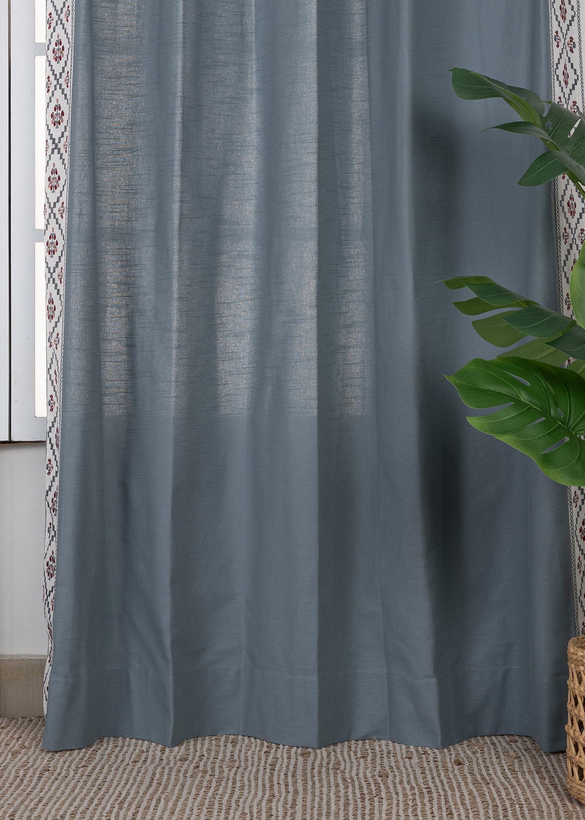 Ketaki Mist Blue & Pink Geometric 100% Cotton Embroidered Curtain For Livingroom / Bedroom | Room Darkening | Single Piece