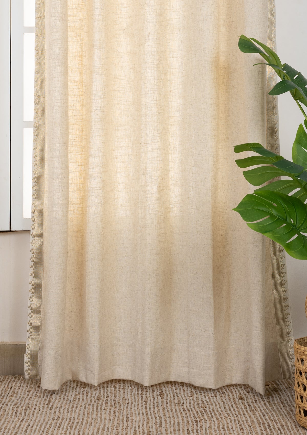 Kinari Solid Linen Gold & Beige Ethnic Cotton Blend Textured Curtain For Livingroom / Bedroom | Light Reduction | Single Piece