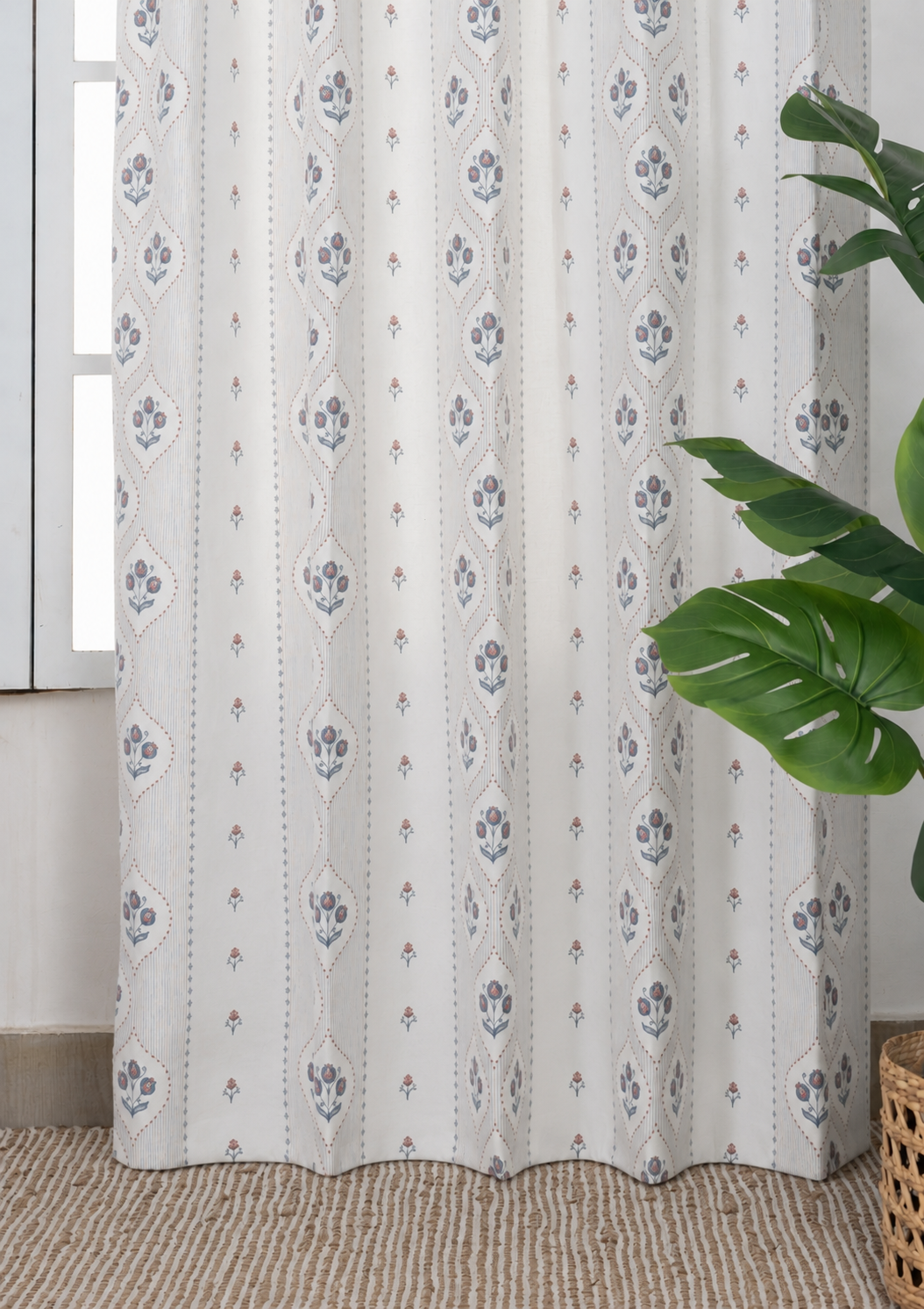 Meher Blue Floral 100% Cotton Printed Curtain For Livingroom / Bedroom | Light Reduction | Single Piece