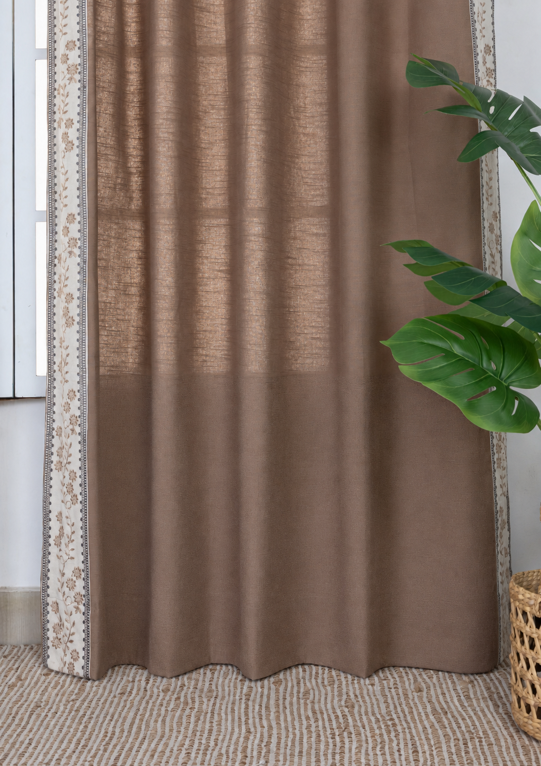 Mogra Chocolate Brown & Grey Floral 100% Cotton Embroidered Curtain For Livingroom / Bedroom | Room Darkening | Single Piece