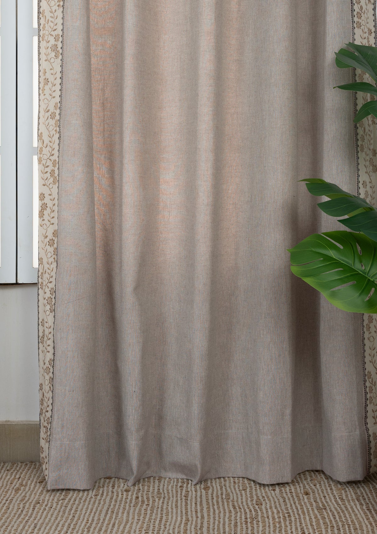 Mogra Elephant Grey & Brown Floral Linen Cotton Blend Embroidered Curtain For Livingroom / Bedroom | Room Darkening | Single Piece
