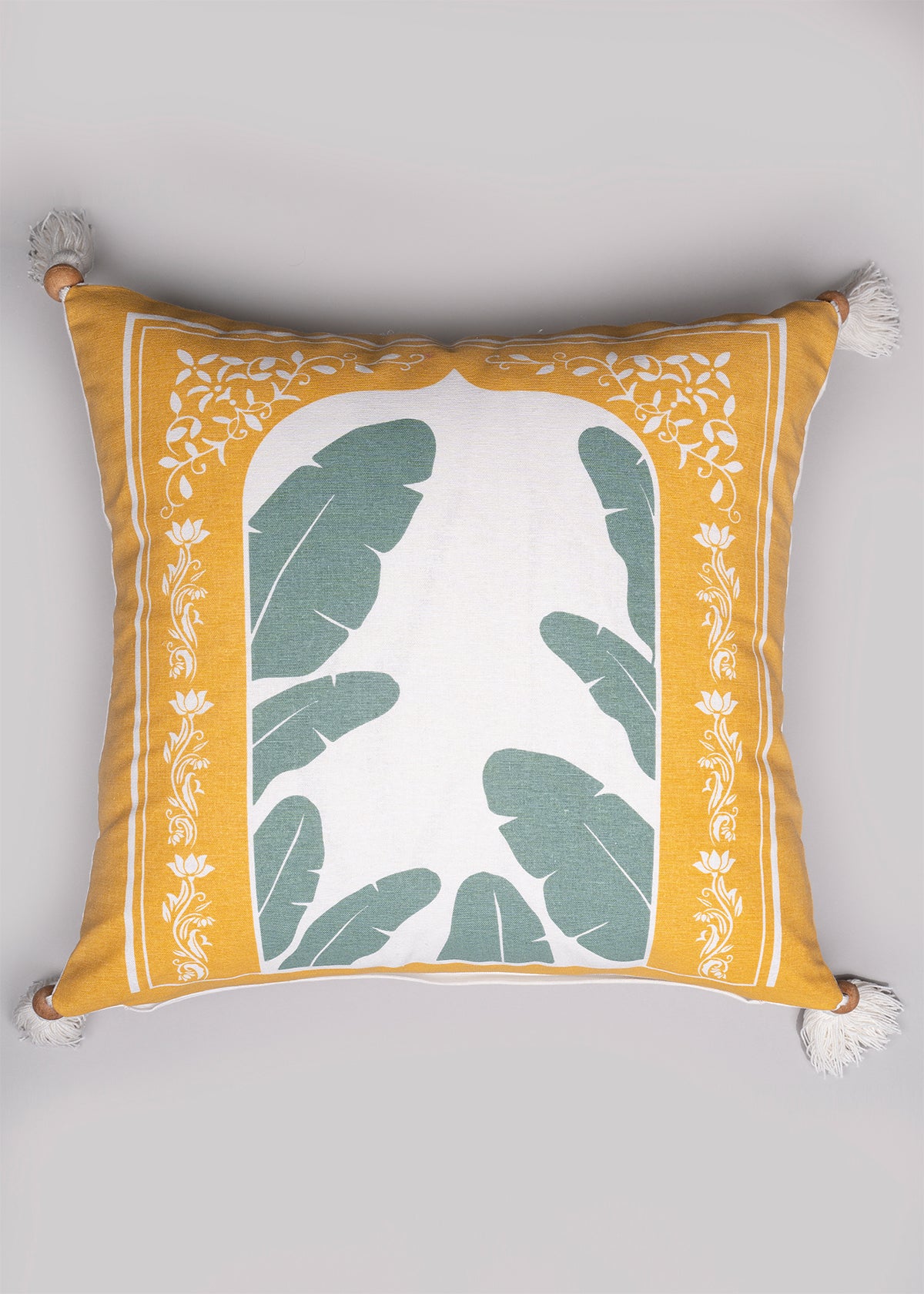Enchanted Taj 100% cotton decorative ethnic cushion cover for sofa with tassels - Yellow