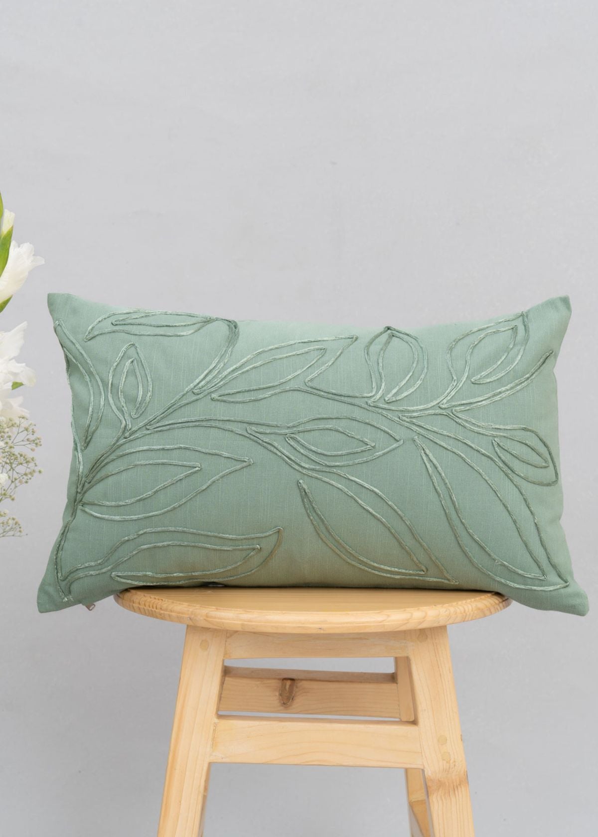 Leafy Affair 100% cotton embroidered cushion cover for sofa - Green