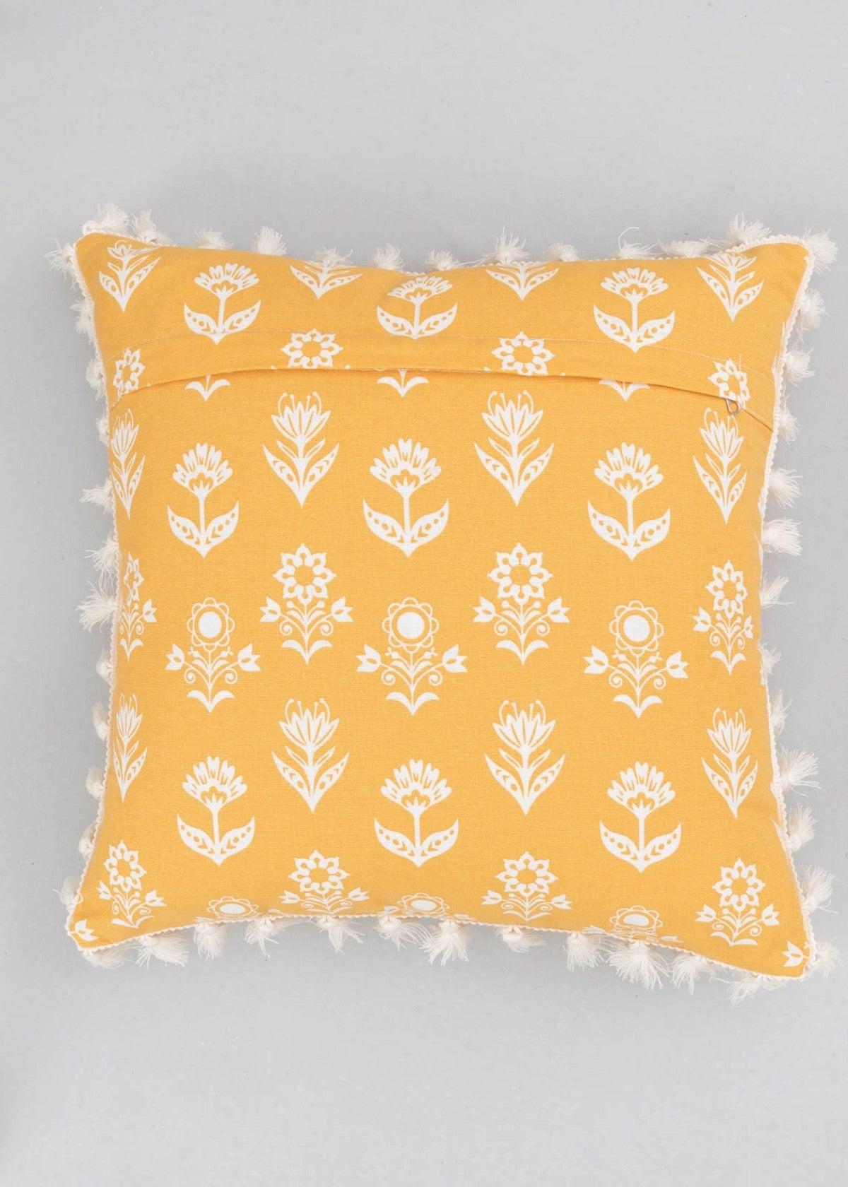 Dahlia Printed 100% cotton floral cushion cover for sofa with tassels - Mustard
