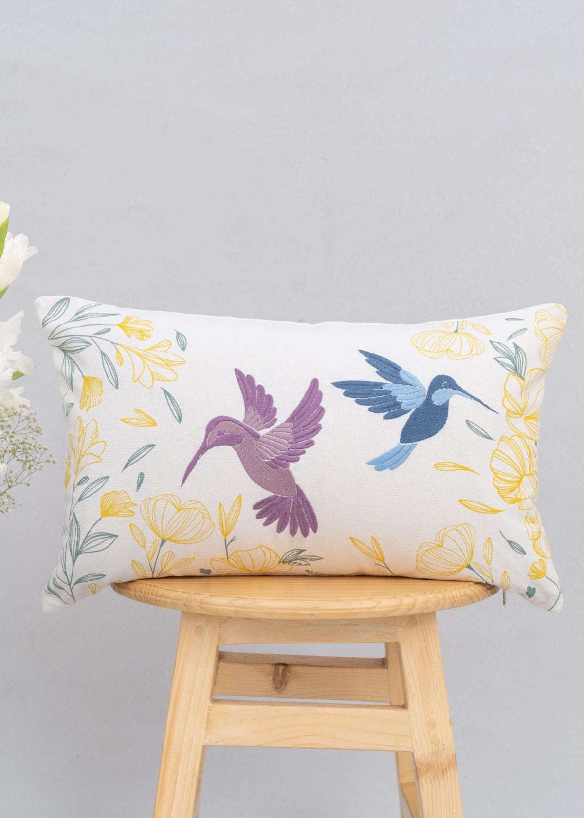 Humming Birds Printed Cotton Cushion Cover - Yellow