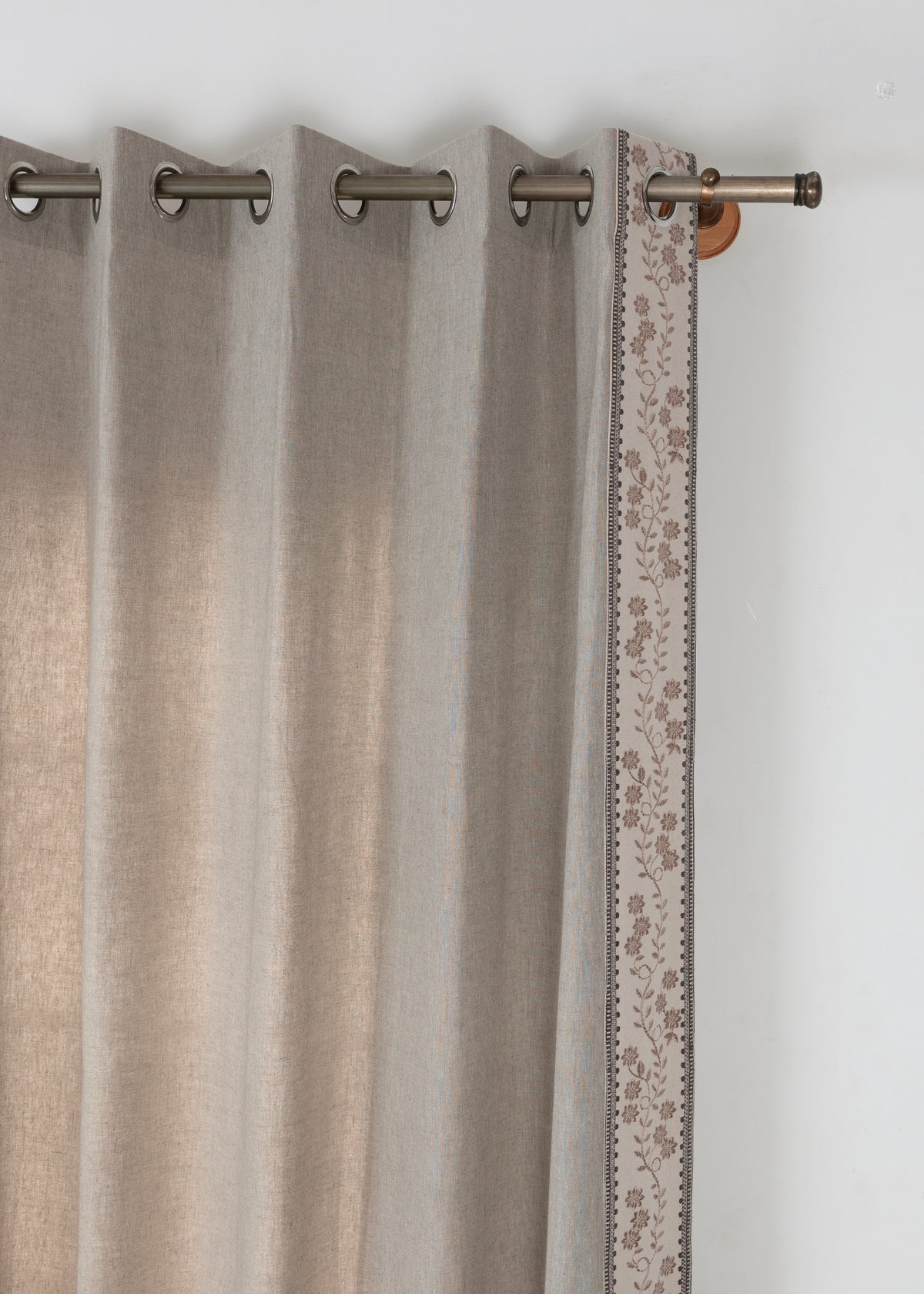 Mogra Elephant Grey & Brown Floral Linen Cotton Blend Embroidered Curtain For Livingroom / Bedroom | Room Darkening | Single Piece