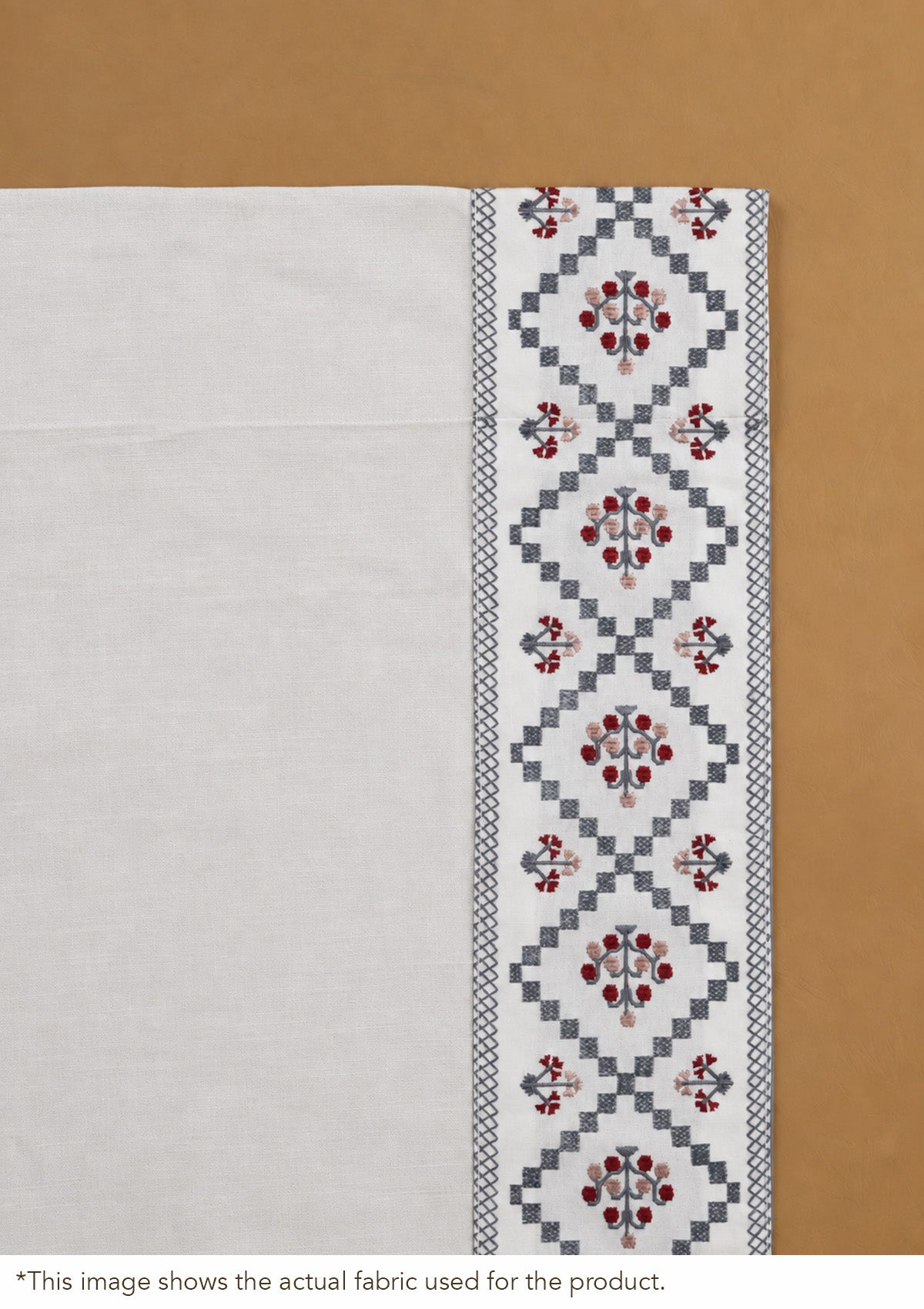 Ketaki White & Blue Geometric 100% Cotton Embroidered Blind For Livingroom / Bedroom | Light Reduction