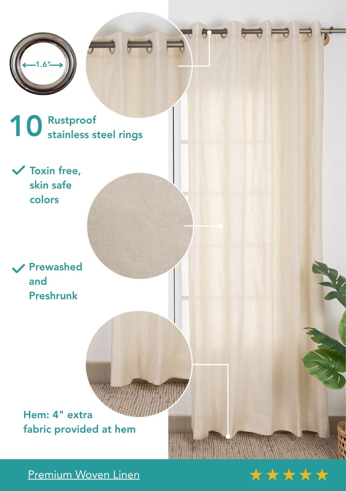 Almond Plain Beige Neutral Linen Cotton Blend Sheer Textured Curtain For Livingroom / Bedroom | Light Filtering | Single Piece