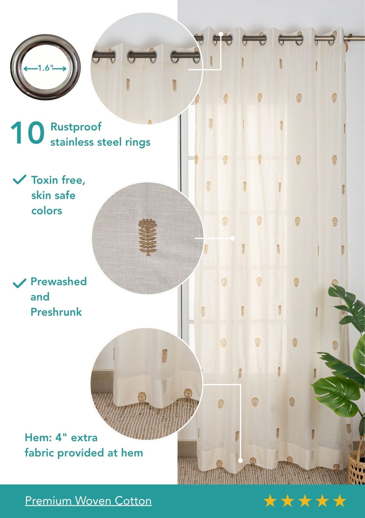 Baagh Mustard Floral 100% Cotton Sheer Printed Curtain For Livingroom / Bedroom | Light Filtering | Single Piece